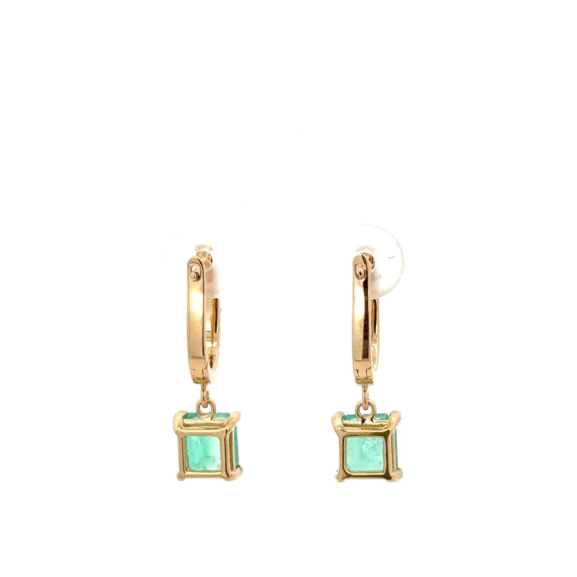 2.19 Carat Square Emerald & Diamond 18K Gold Dangling Huggie Earrings - Image 3