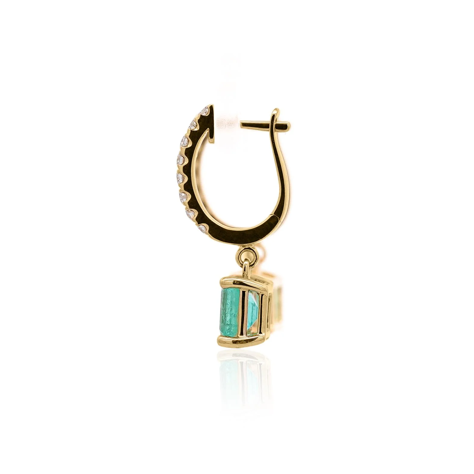 2.19 Carat Square Emerald & Diamond 18K Gold Dangling Huggie Earrings - Image 5