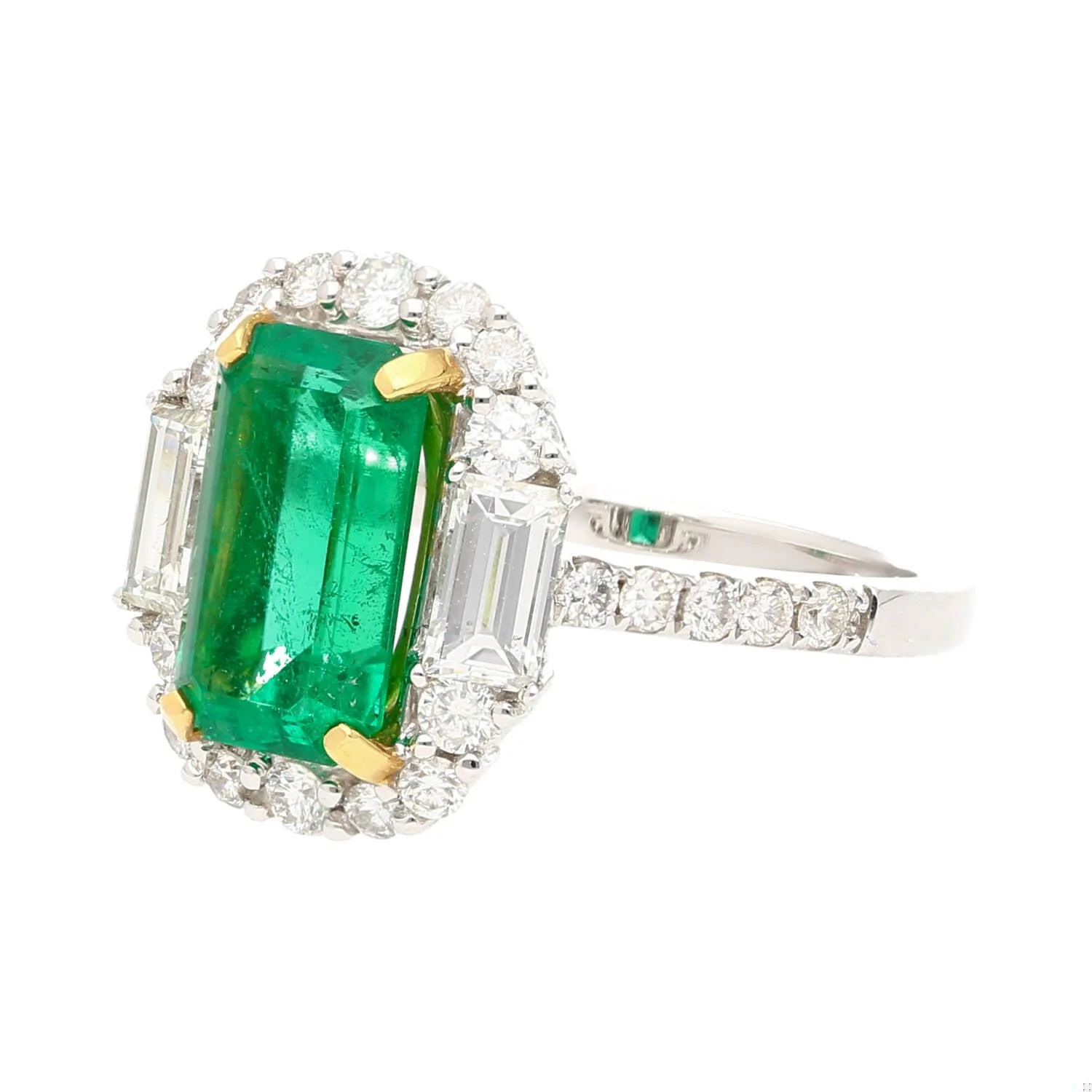 2.22 Carat Emerald Cut Natural 10MM Emerald & Baguette Diamond Ring - Image 2