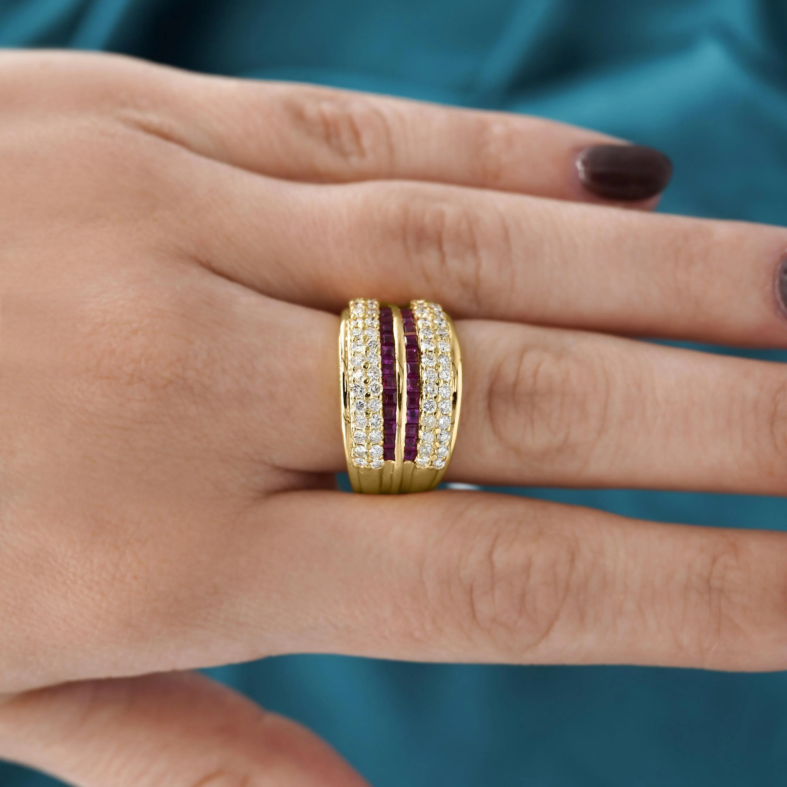 2.28 Carat Square Ruby & Diamond Channel Set 18K Gold Multi-Row Ring - Image 10