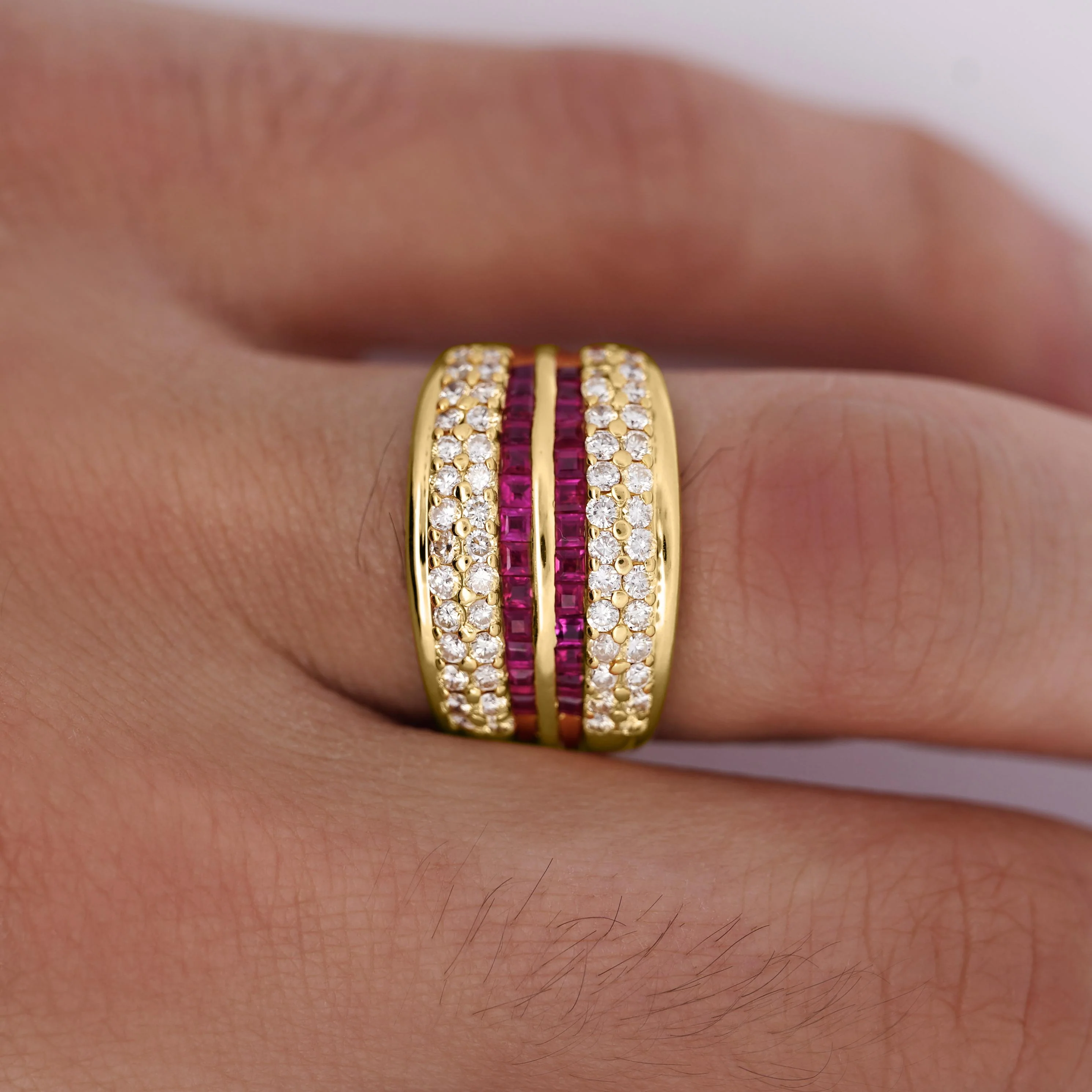 2.28 Carat Square Ruby & Diamond Channel Set 18K Gold Multi-Row Ring - Image 2