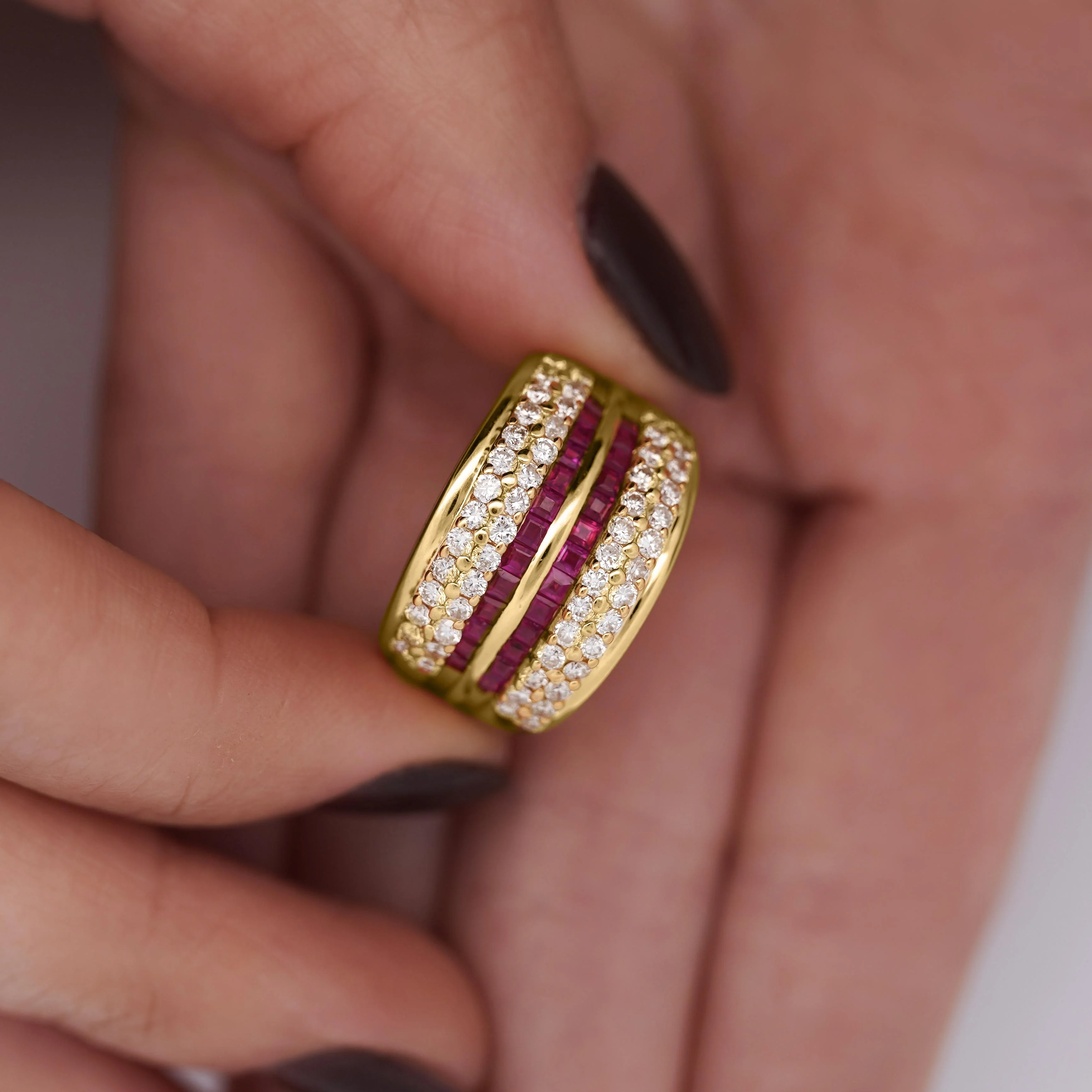 2.28 Carat Square Ruby & Diamond Channel Set 18K Gold Multi-Row Ring - Image 3