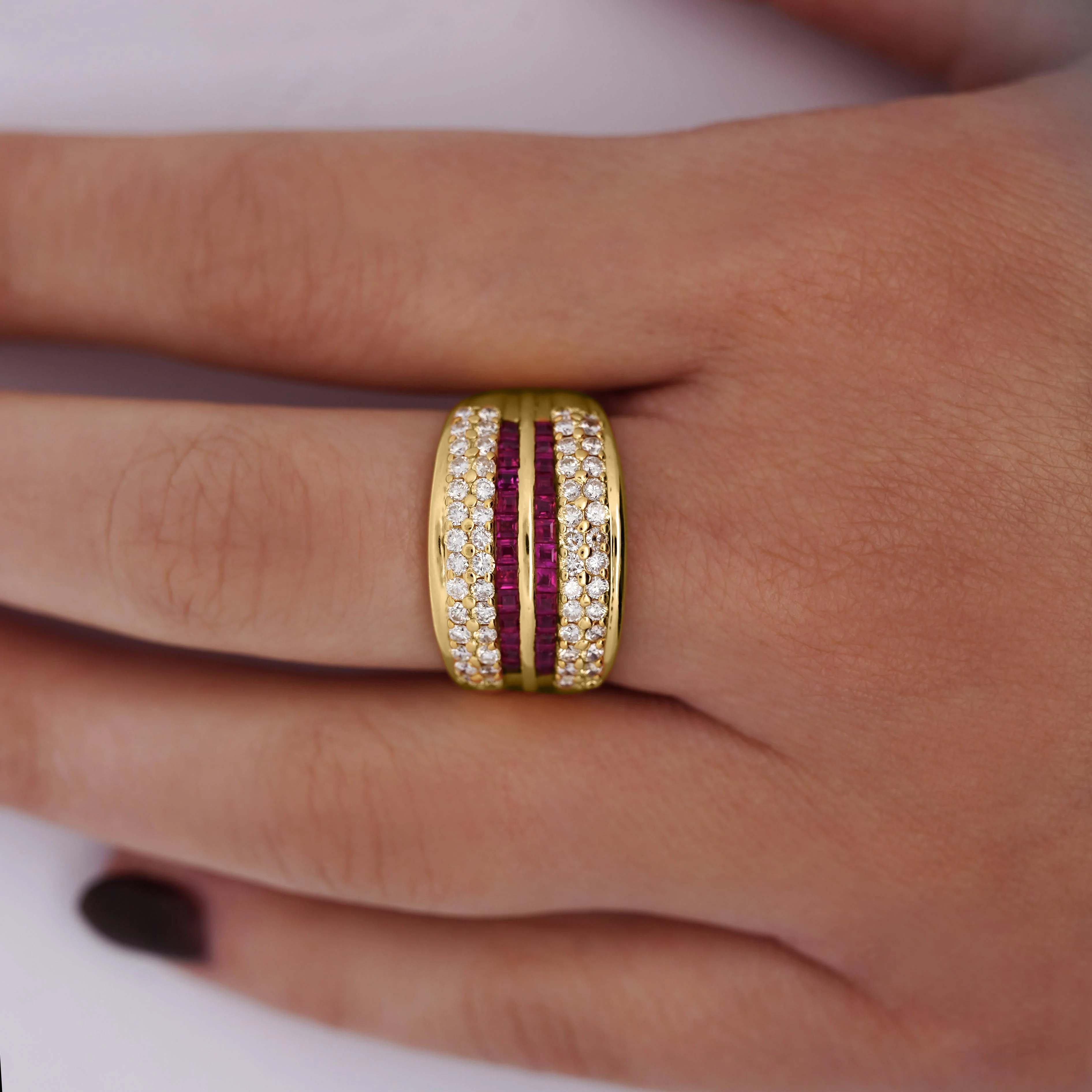 2.28 Carat Square Ruby & Diamond Channel Set 18K Gold Multi-Row Ring - Image 7