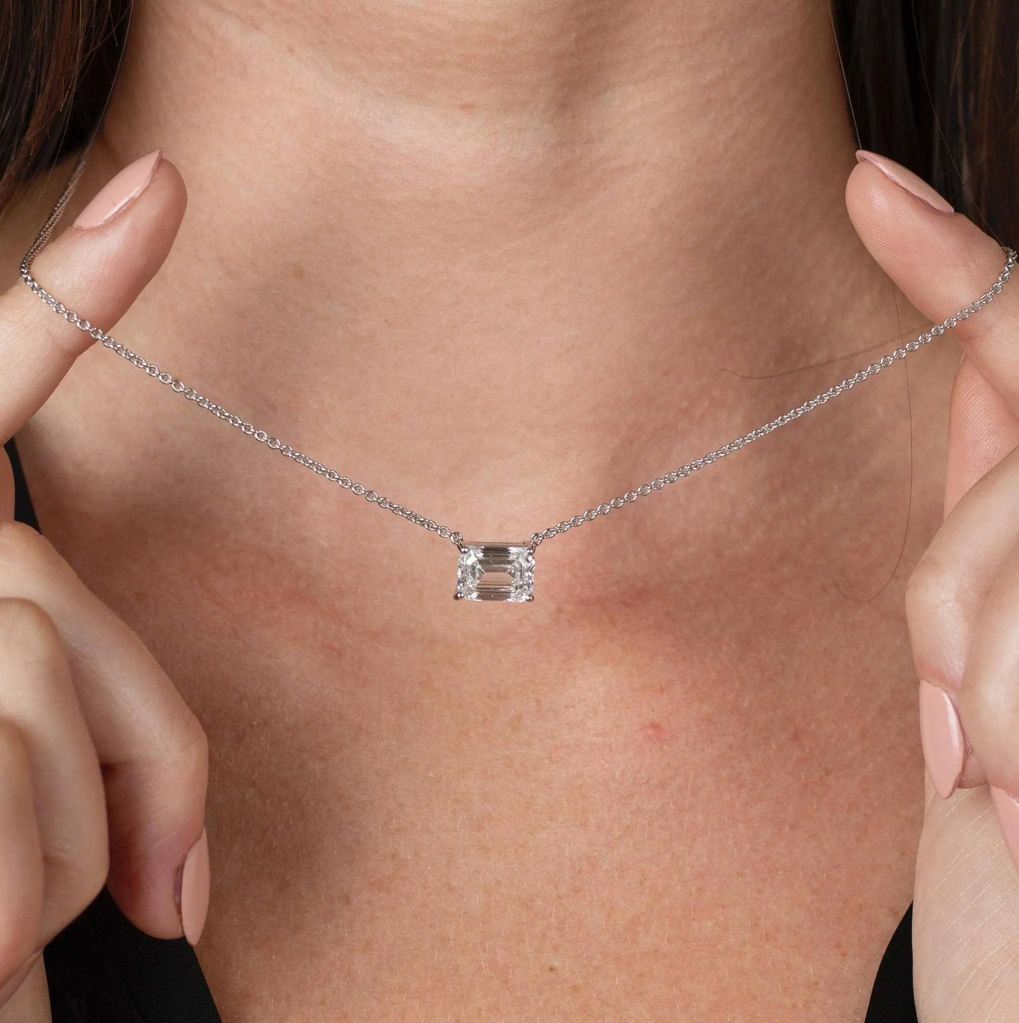 2-4 Carat Emerald Cut Lab Diamond East West Solitaire Pendant Necklace - Image 10
