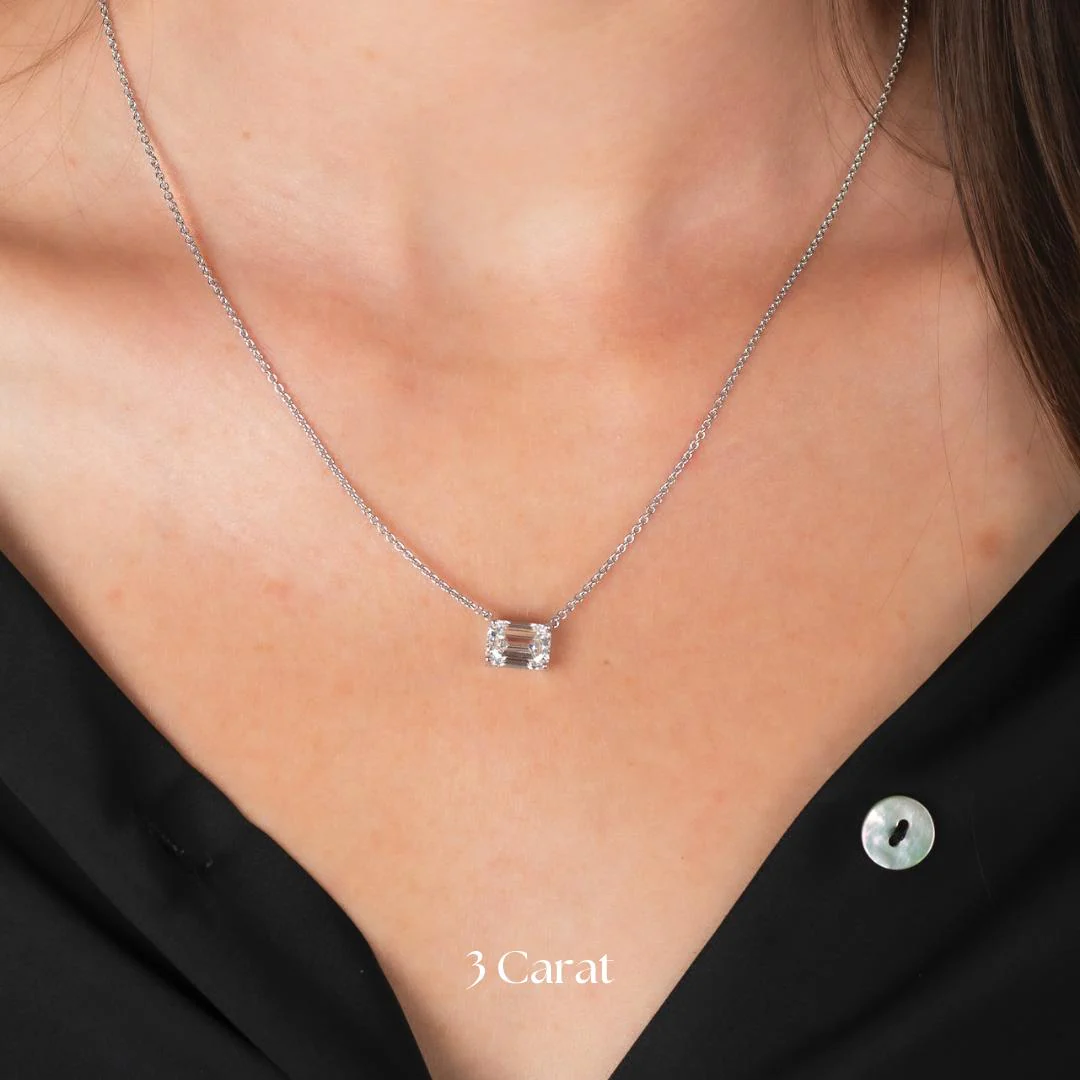 2-4 Carat Emerald Cut Lab Diamond East West Solitaire Pendant Necklace - Image 3