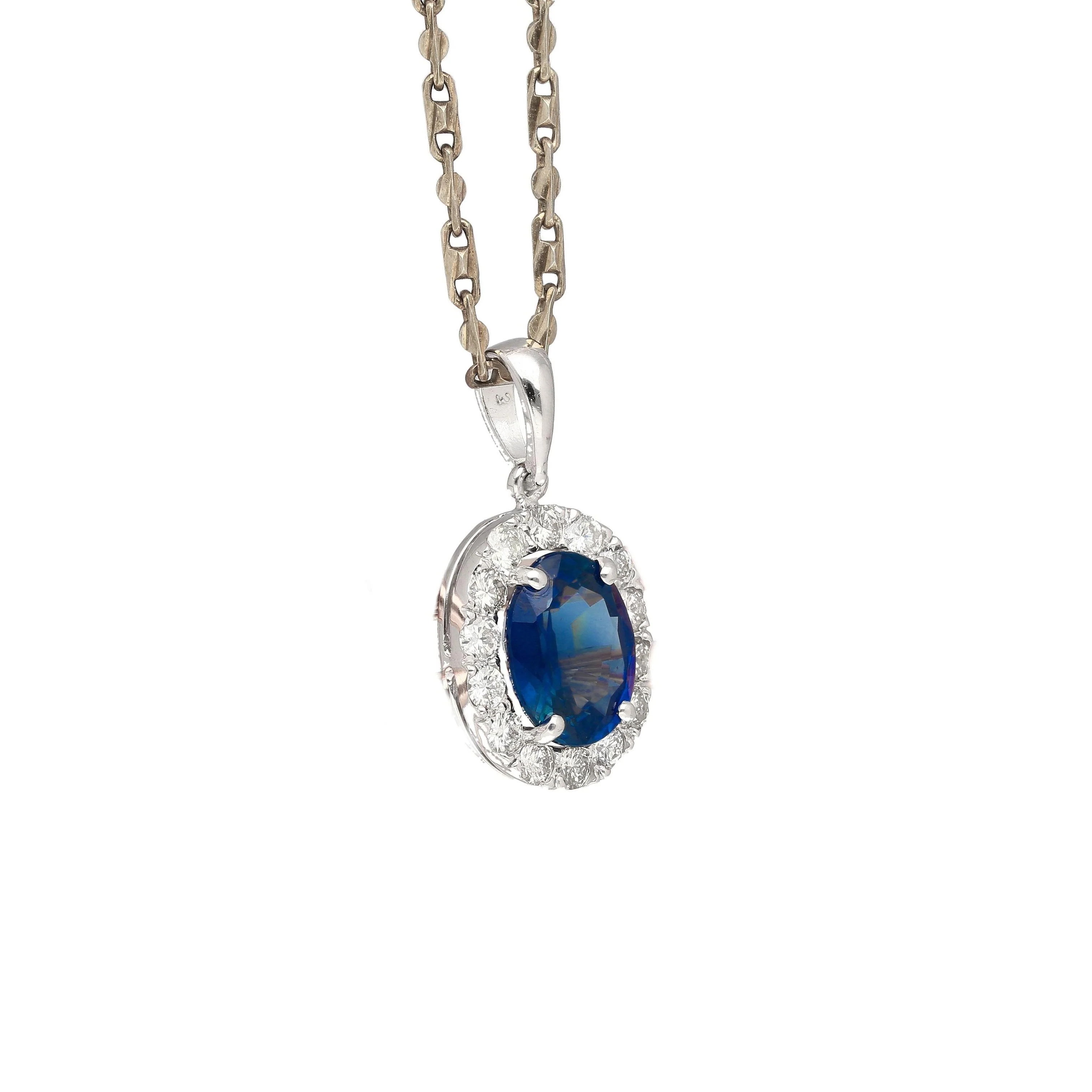 2.5 Carat Oval Cut Sapphire & Diamond Halo in 14K White Gold Pendant - Image 3