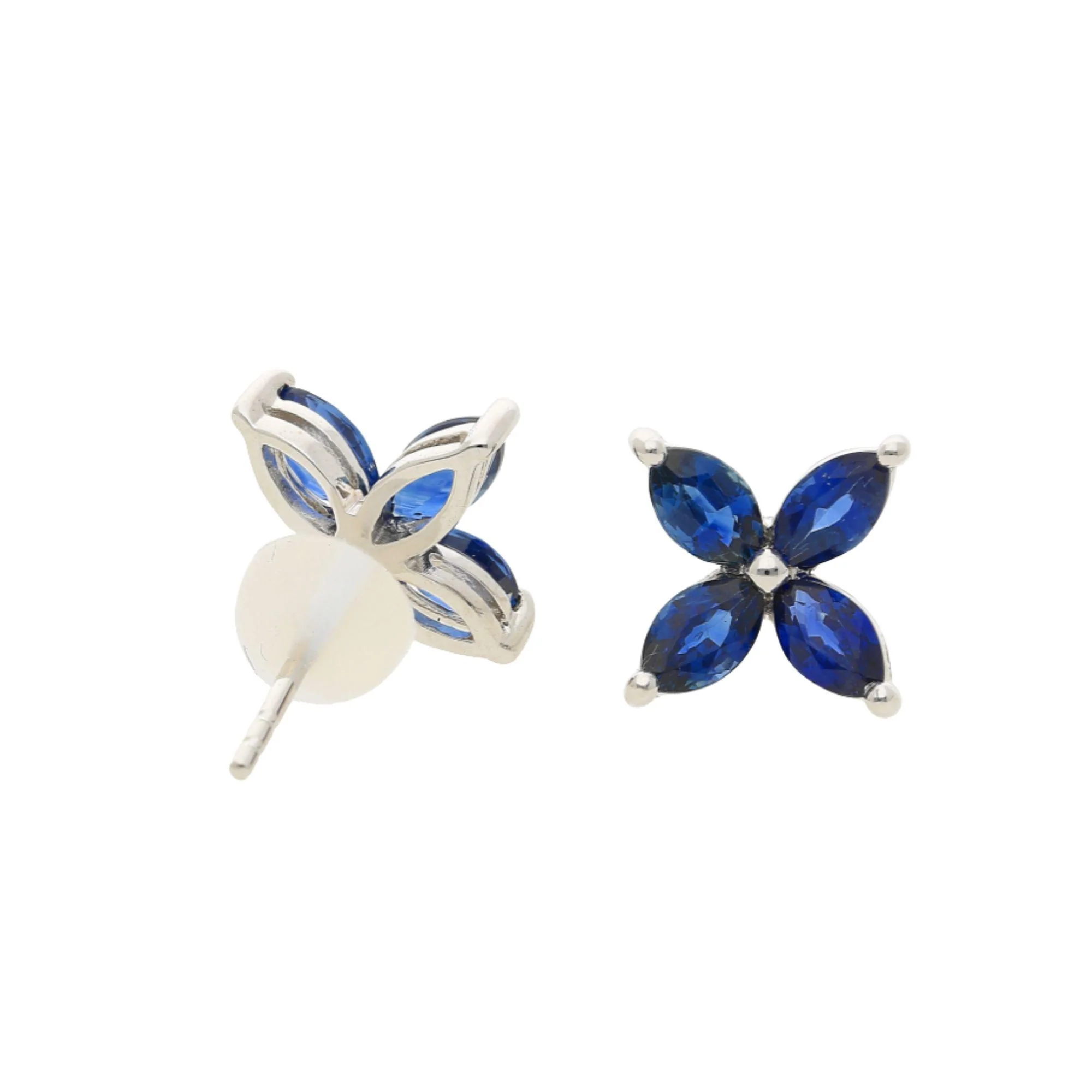2.50 Carat Blue Sapphire Marquise Flower 18K White Gold Stud Earrings - Image 4