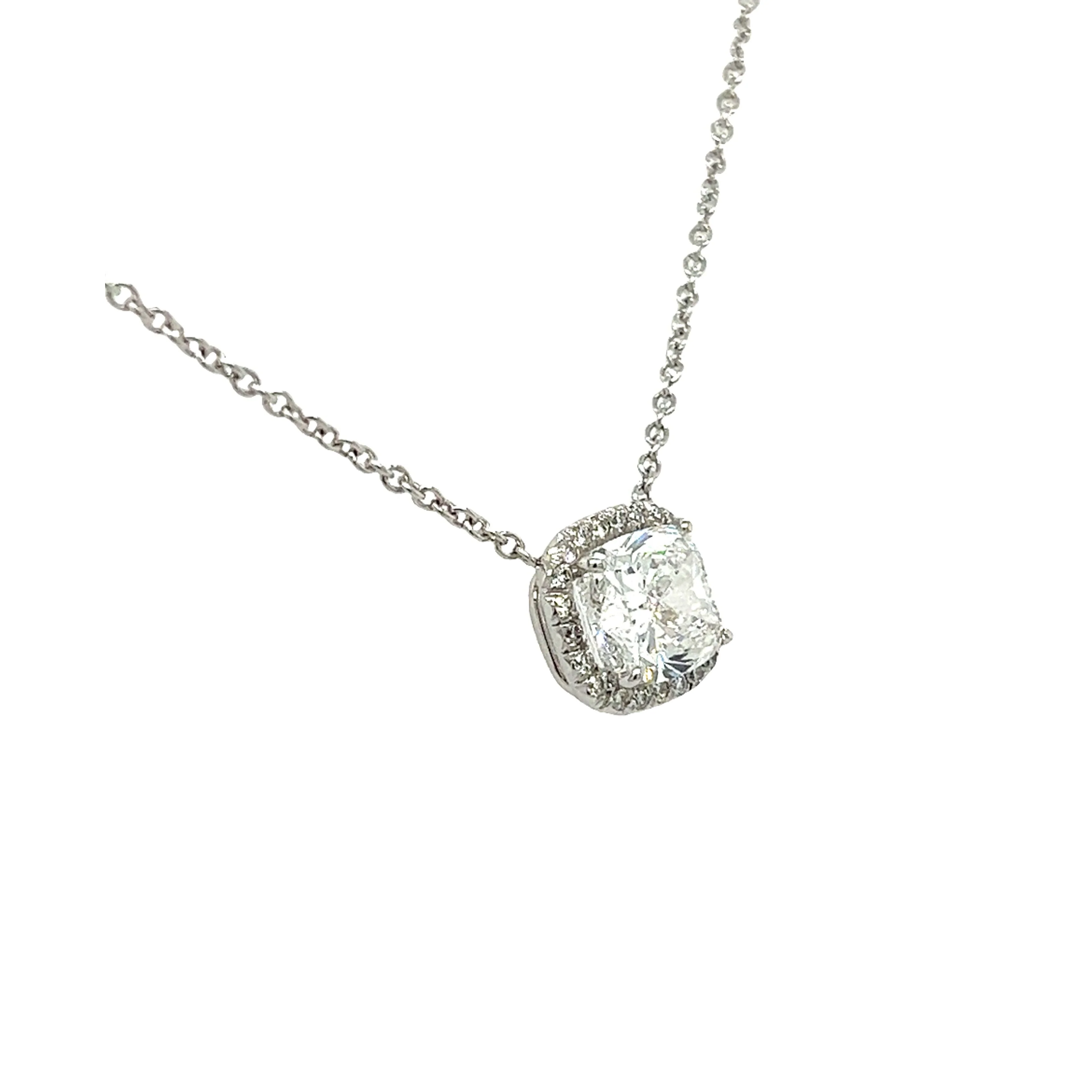 2.51 Carat Cushion cut Lab Grown Diamond CVD Pendant With Diamond Halo in Platinum 950 Setting | Cable Chain - Image 3