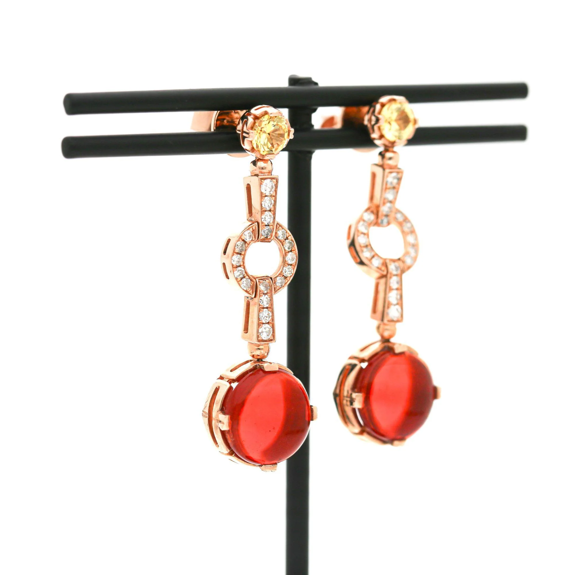 2.51 Carat Fire Opal, Yellow Sapphire, and Diamond 14K Rose Gold Drop Earring - Image 2