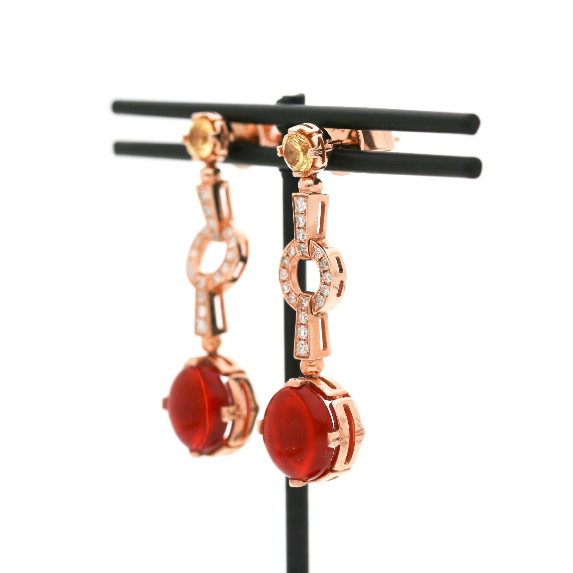 2.51 Carat Fire Opal, Yellow Sapphire, and Diamond 14K Rose Gold Drop Earring - Image 3