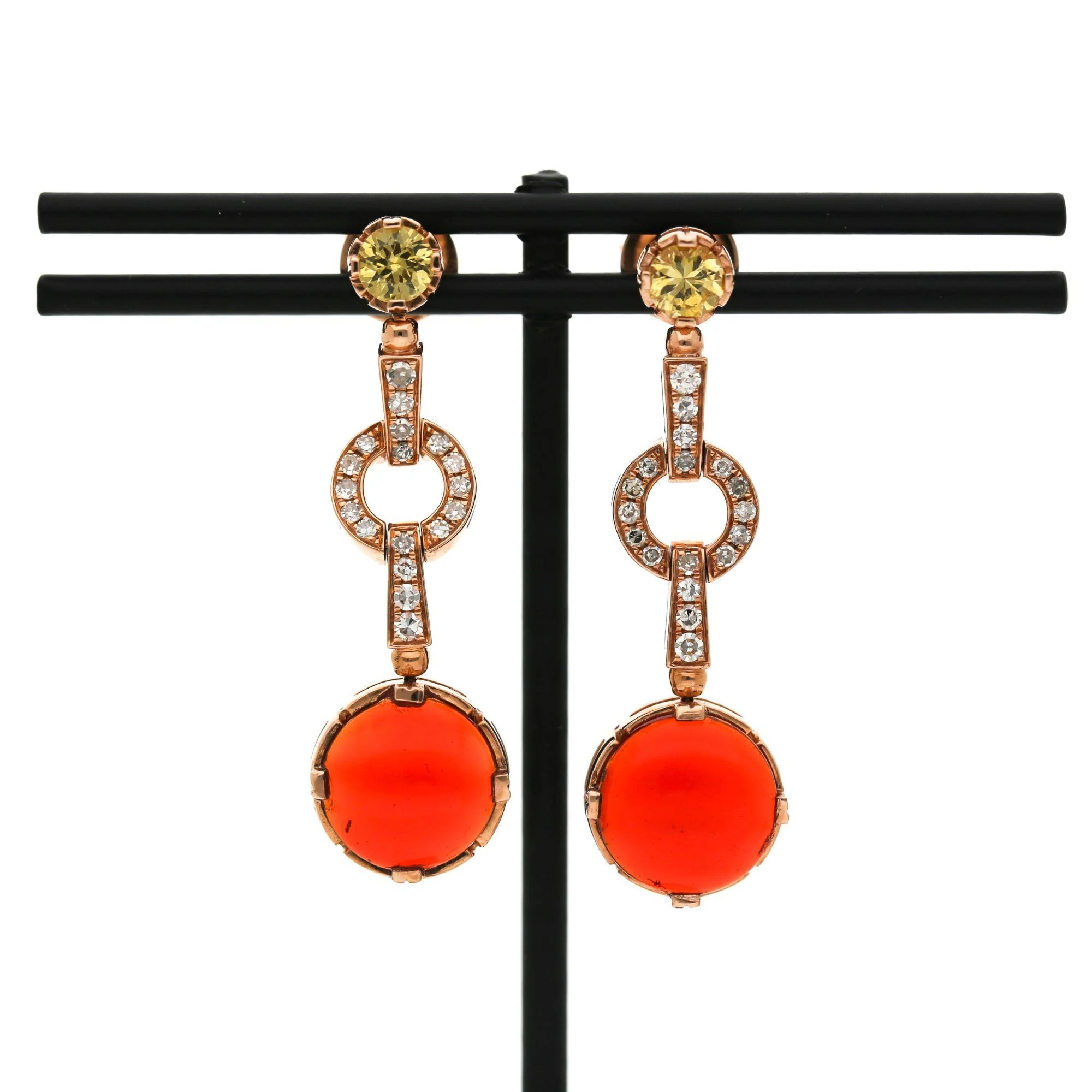 2.51 Carat Fire Opal, Yellow Sapphire, and Diamond 14K Rose Gold Drop Earring - Image 4