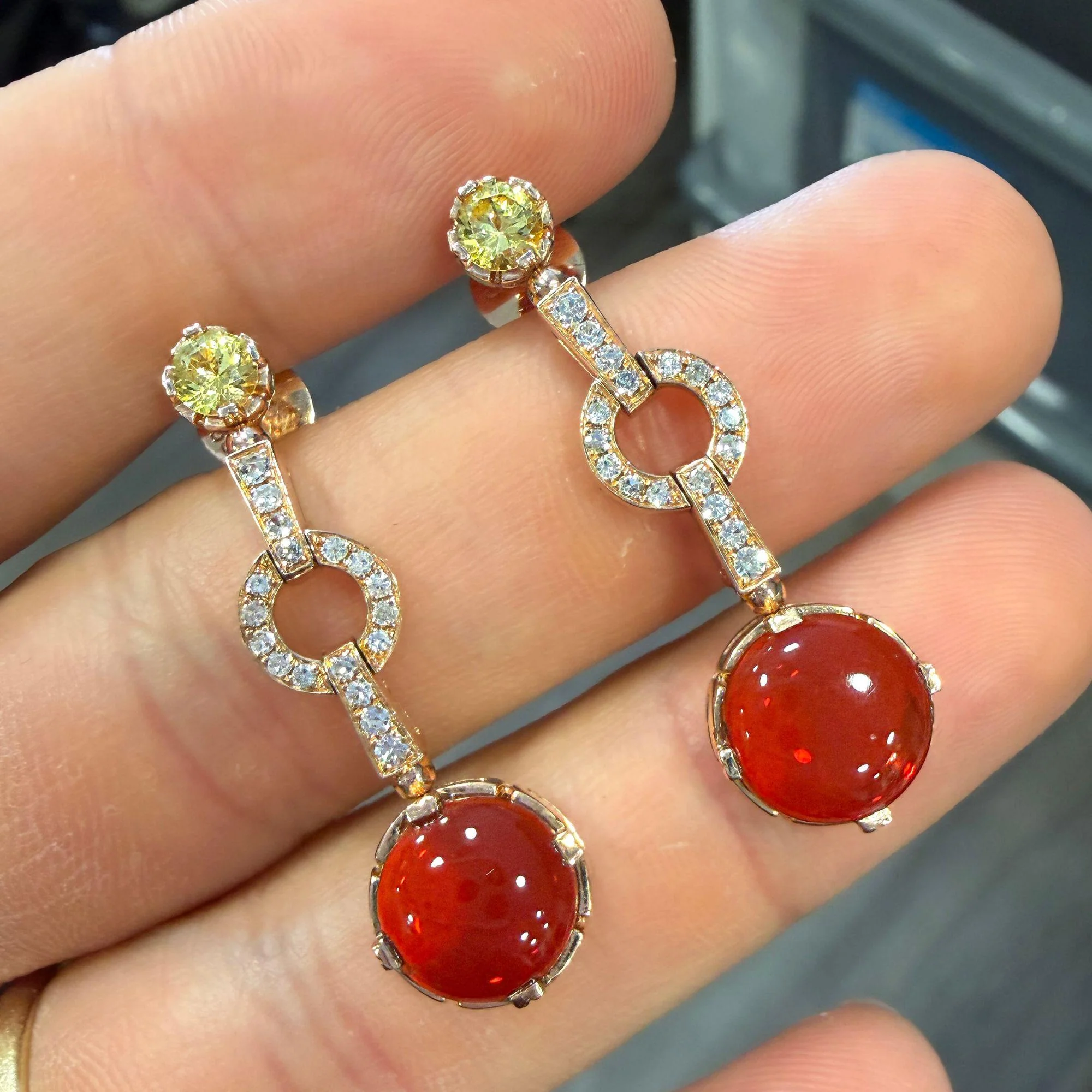 2.51 Carat Fire Opal, Yellow Sapphire, and Diamond 14K Rose Gold Drop Earring - Image 7