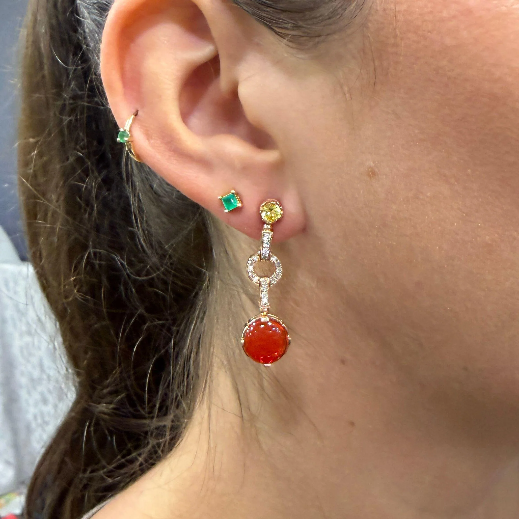 2.51 Carat Fire Opal, Yellow Sapphire, and Diamond 14K Rose Gold Drop Earring - Image 9