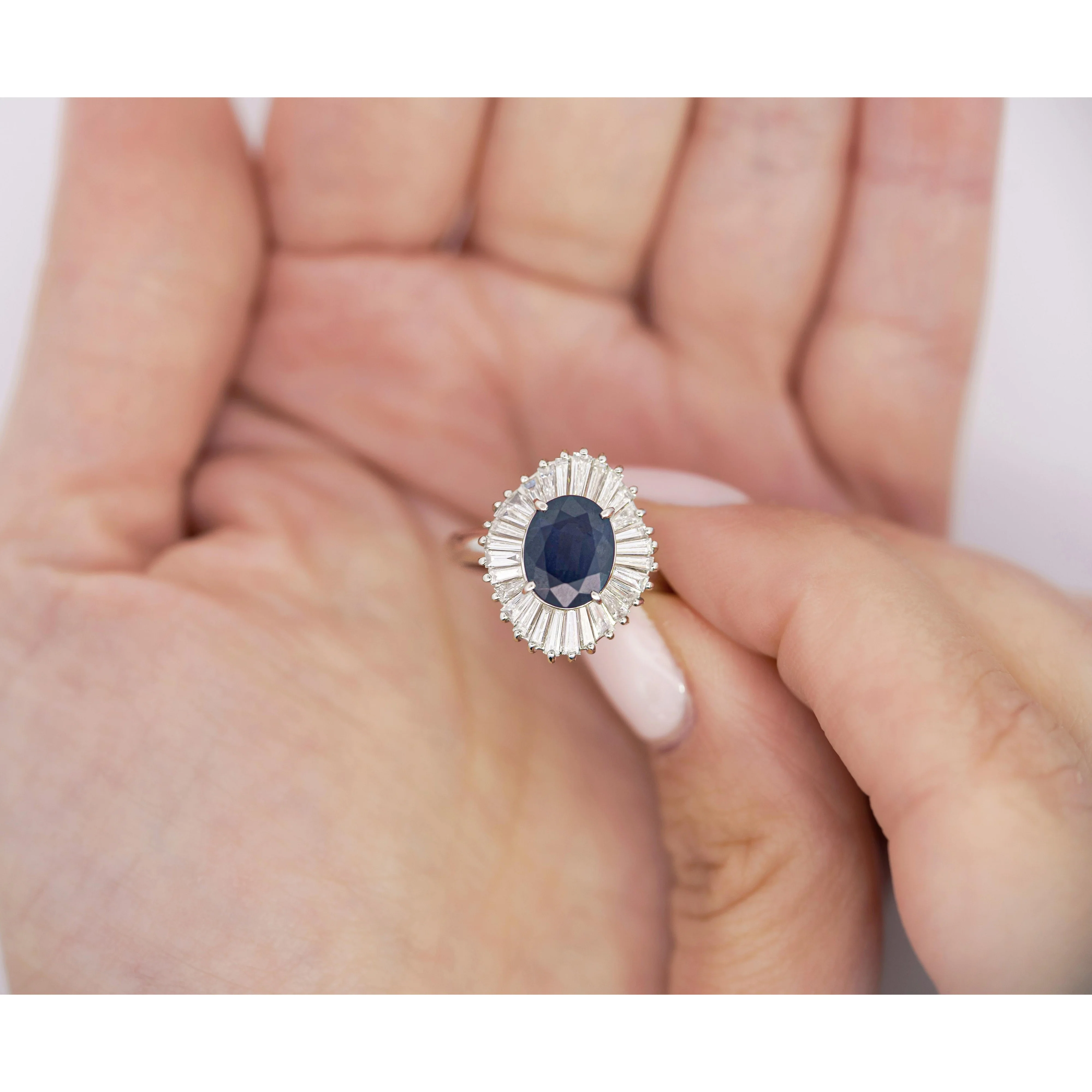 2.58 Carat Oval Cut Blue Sapphire and Diamond Halo Platinum Ballerina Ring - Image 5