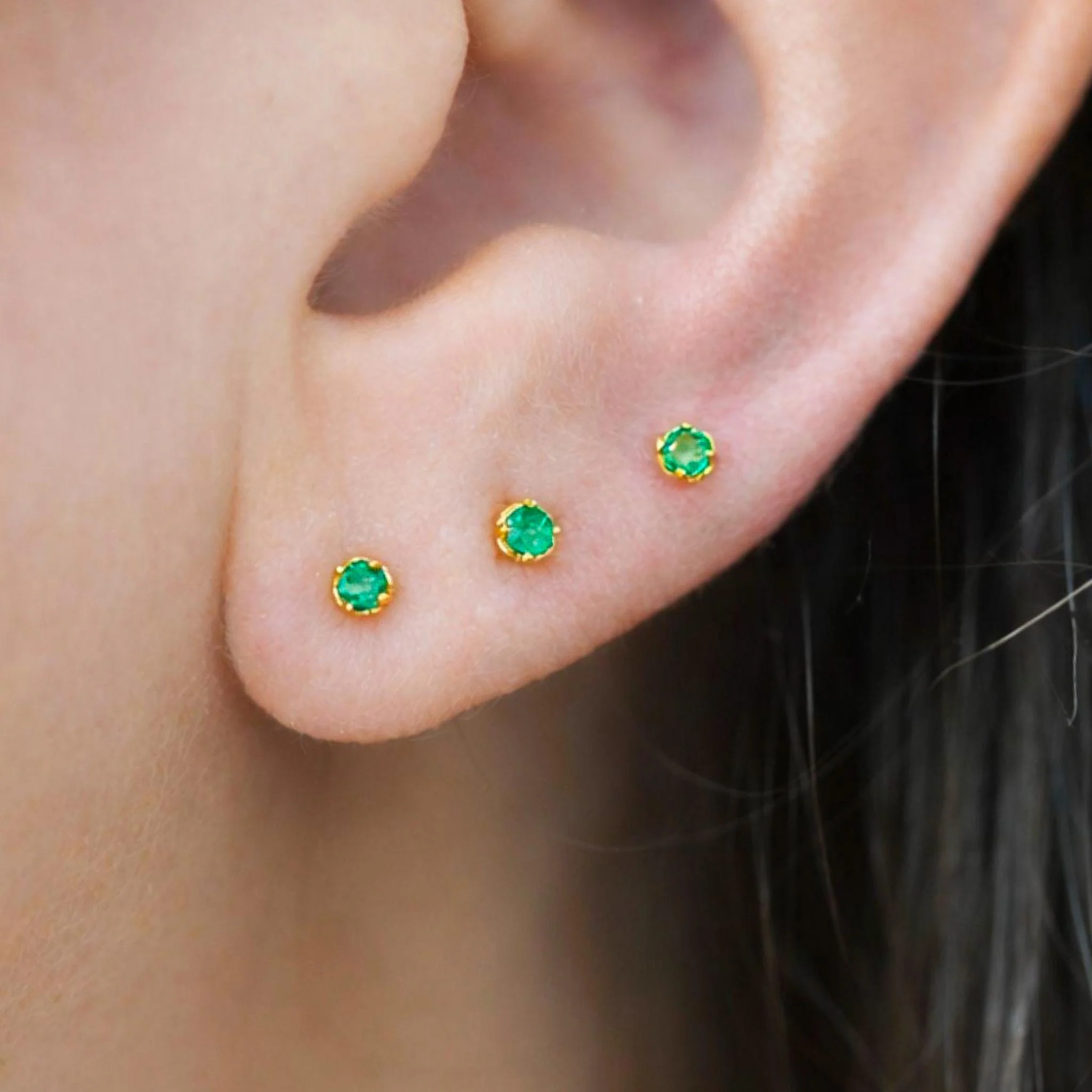 2.5mm Tiny Natural Emerald Round Stud Earrings 14K Gold Plated Silver - Image 2