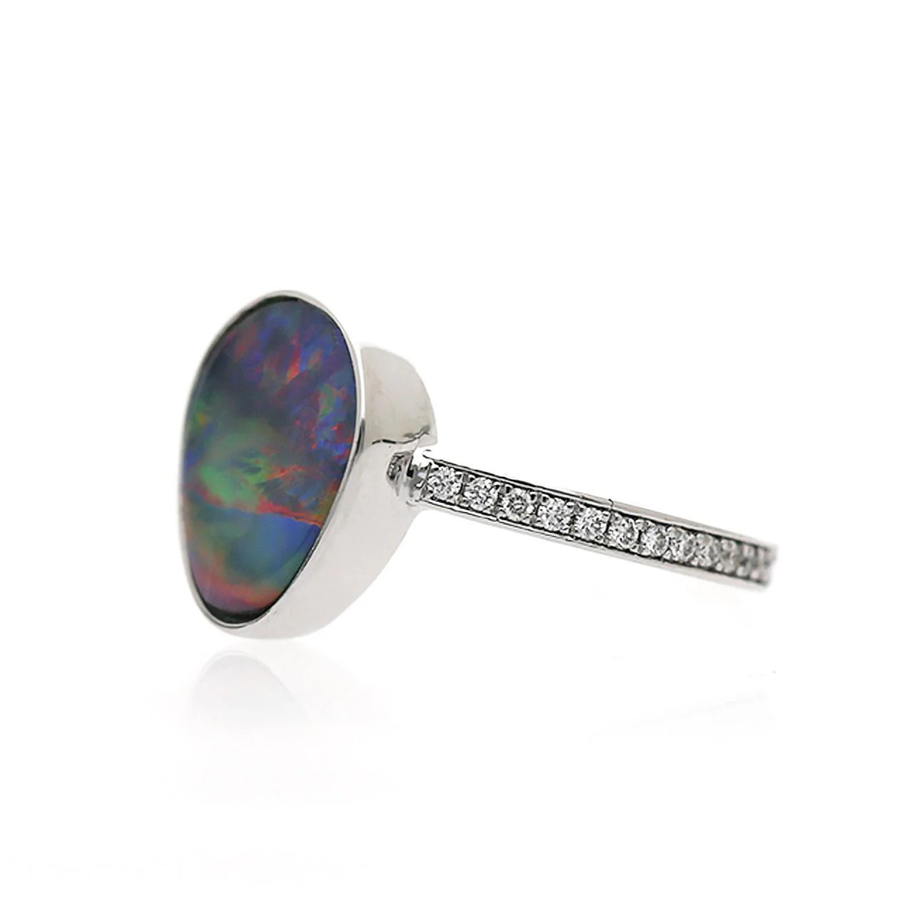 2.70 Carat Black Opal Freeform Shape Bezel Set 18K White Gold Ring - Image 5