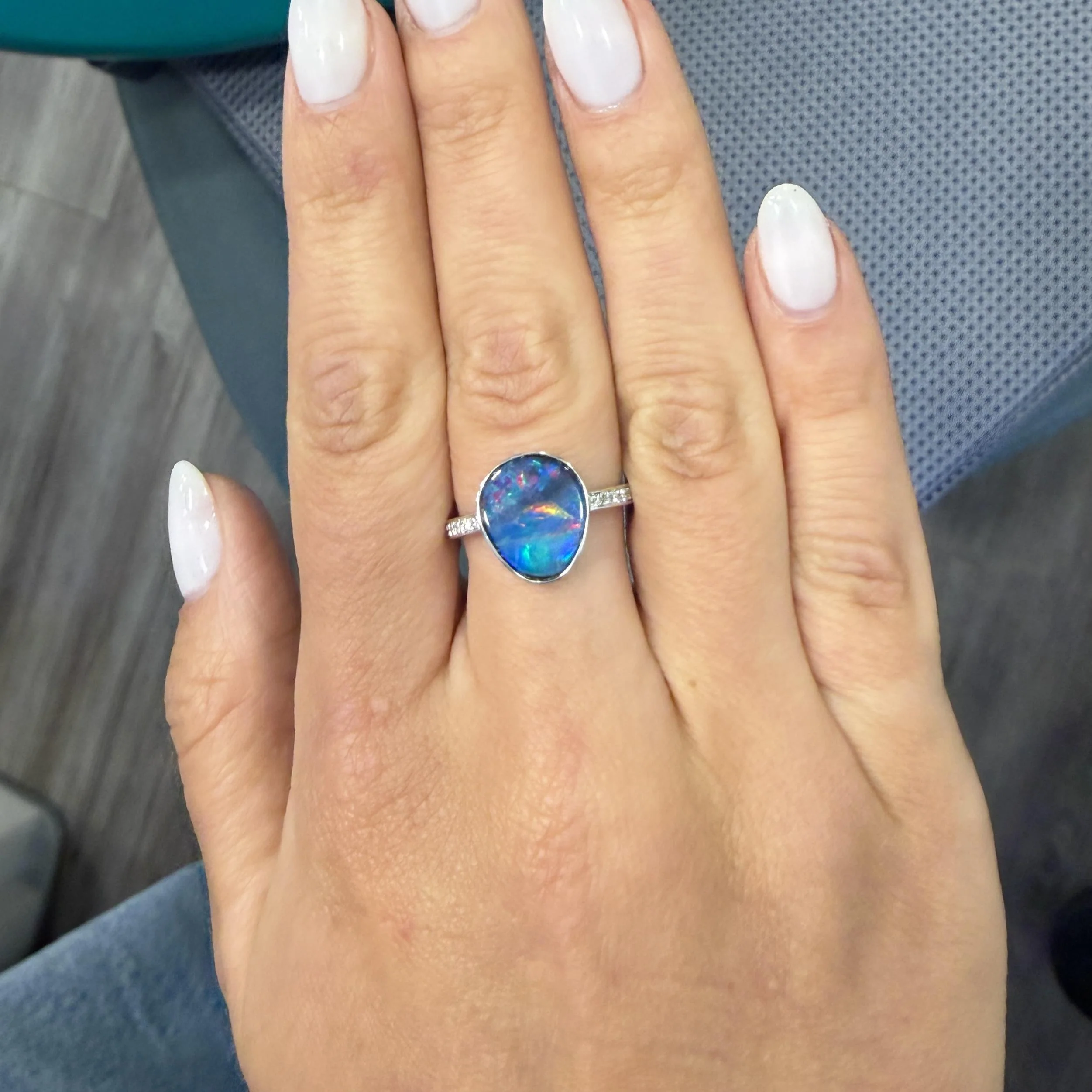 2.70 Carat Black Opal Freeform Shape Bezel Set 18K White Gold Ring - Image 8