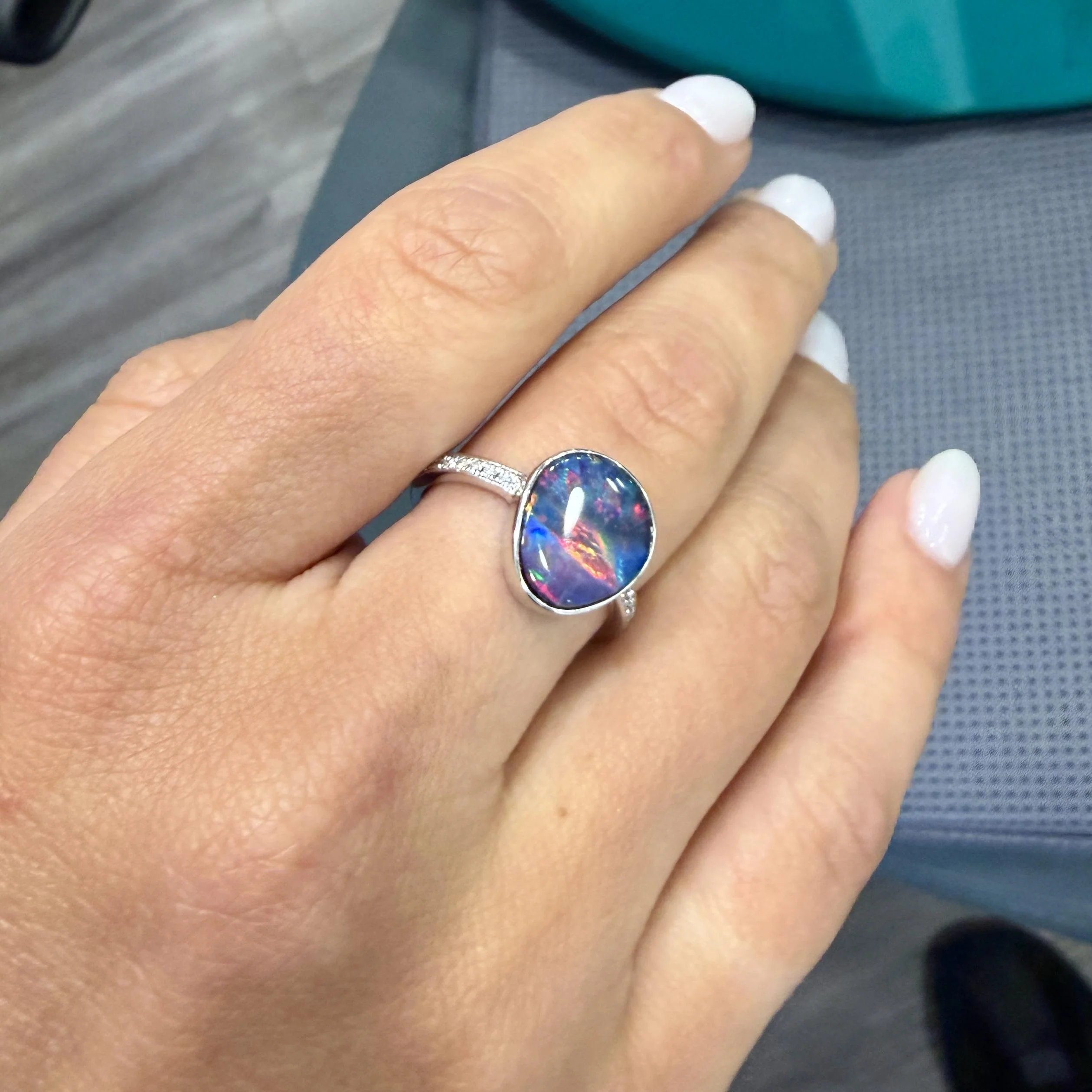 2.70 Carat Black Opal Freeform Shape Bezel Set 18K White Gold Ring - Image 9