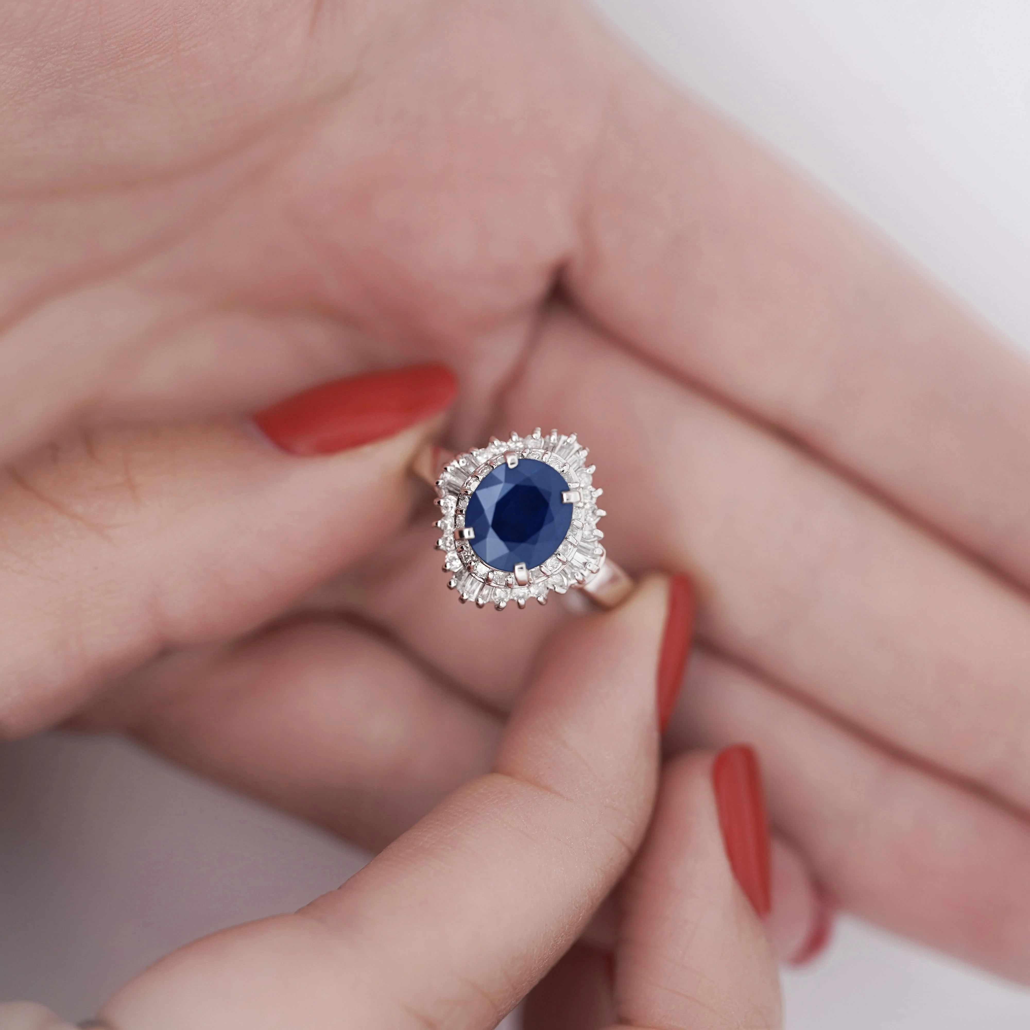 2.8 Carat Oval Blue Sapphire and Diamond Ballerina Halo Ring - Image 2