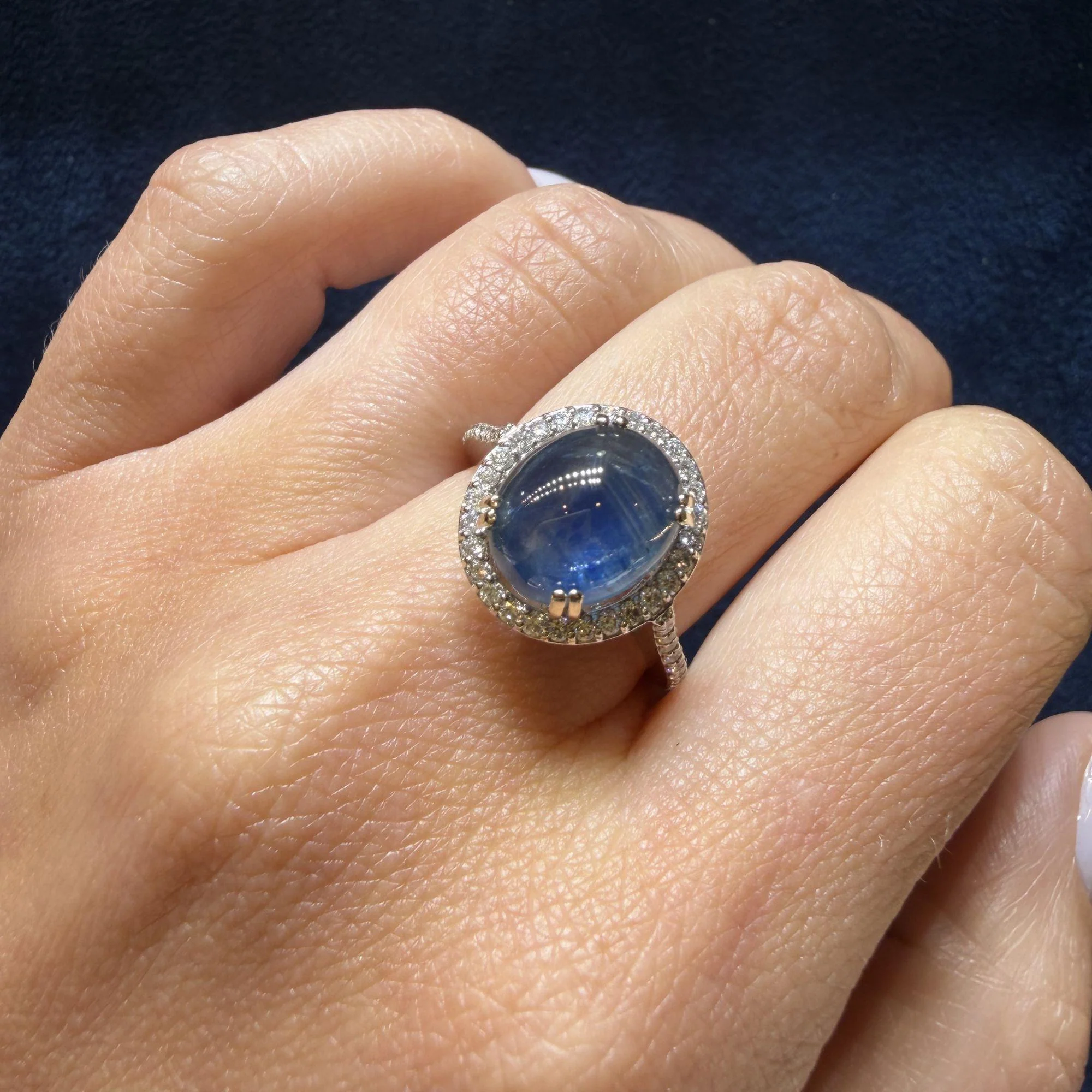 2.80 Carat Oval Cabochon Blue Star Sapphire and Diamond Halo Ring - Image 10