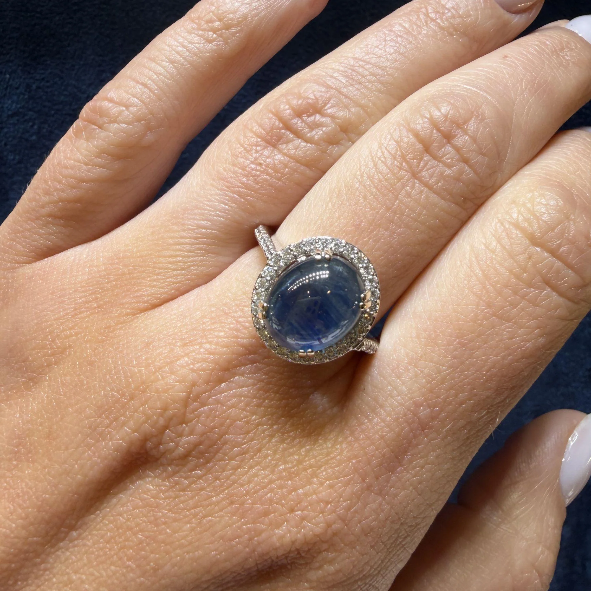 2.80 Carat Oval Cabochon Blue Star Sapphire and Diamond Halo Ring - Image 12
