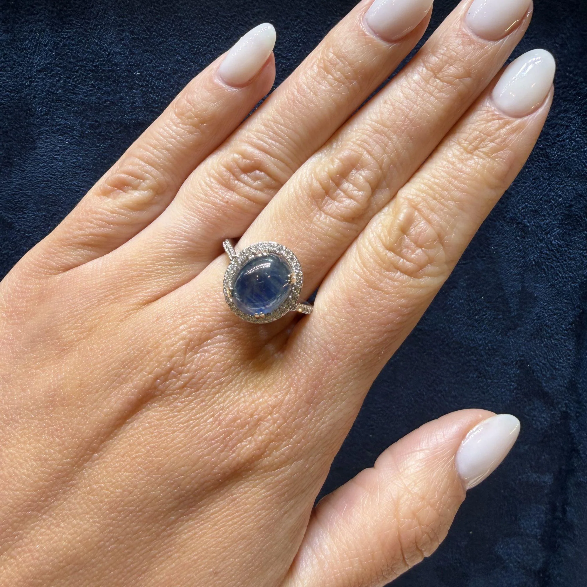 2.80 Carat Oval Cabochon Blue Star Sapphire and Diamond Halo Ring - Image 2