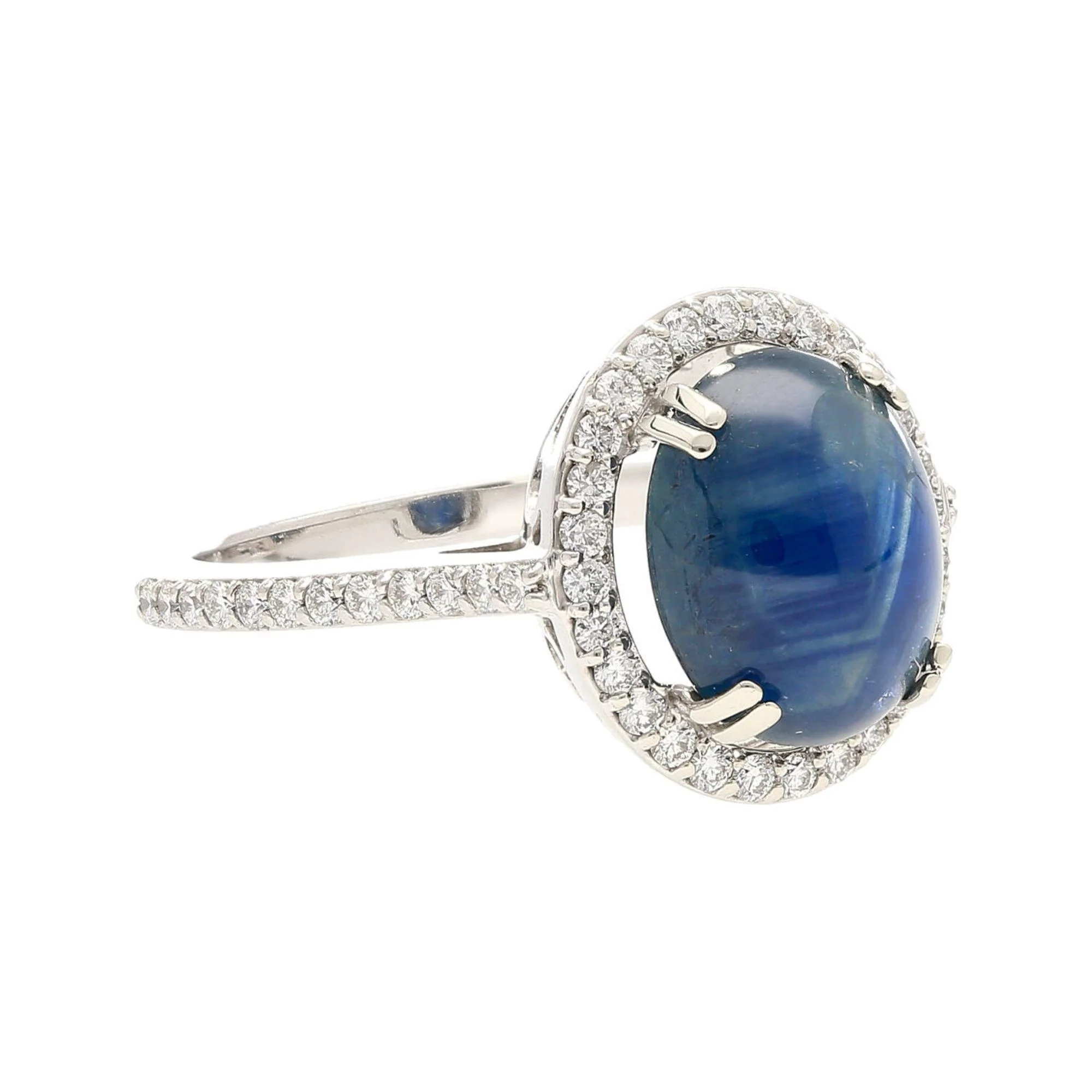 2.80 Carat Oval Cabochon Blue Star Sapphire and Diamond Halo Ring - Image 3