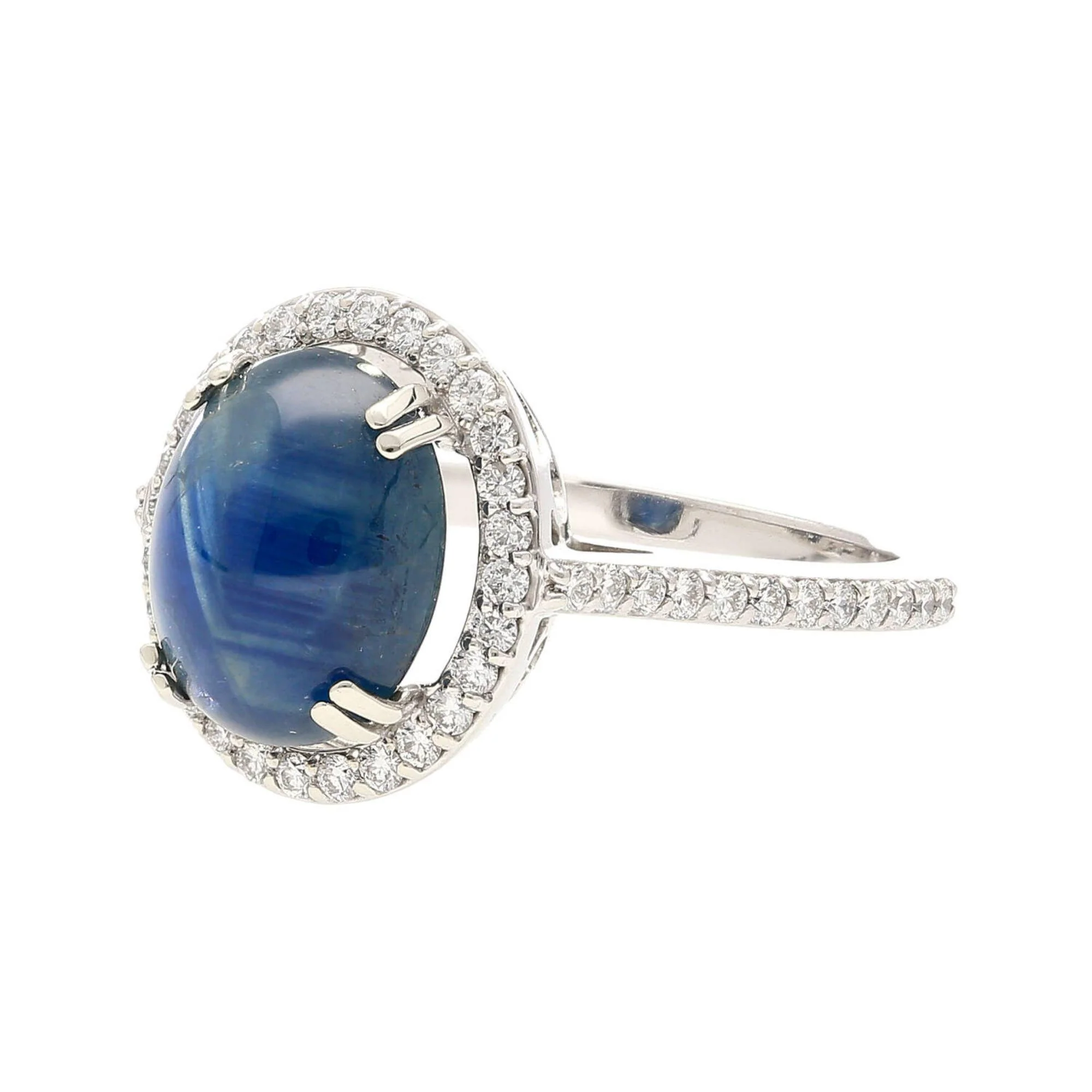 2.80 Carat Oval Cabochon Blue Star Sapphire and Diamond Halo Ring - Image 4