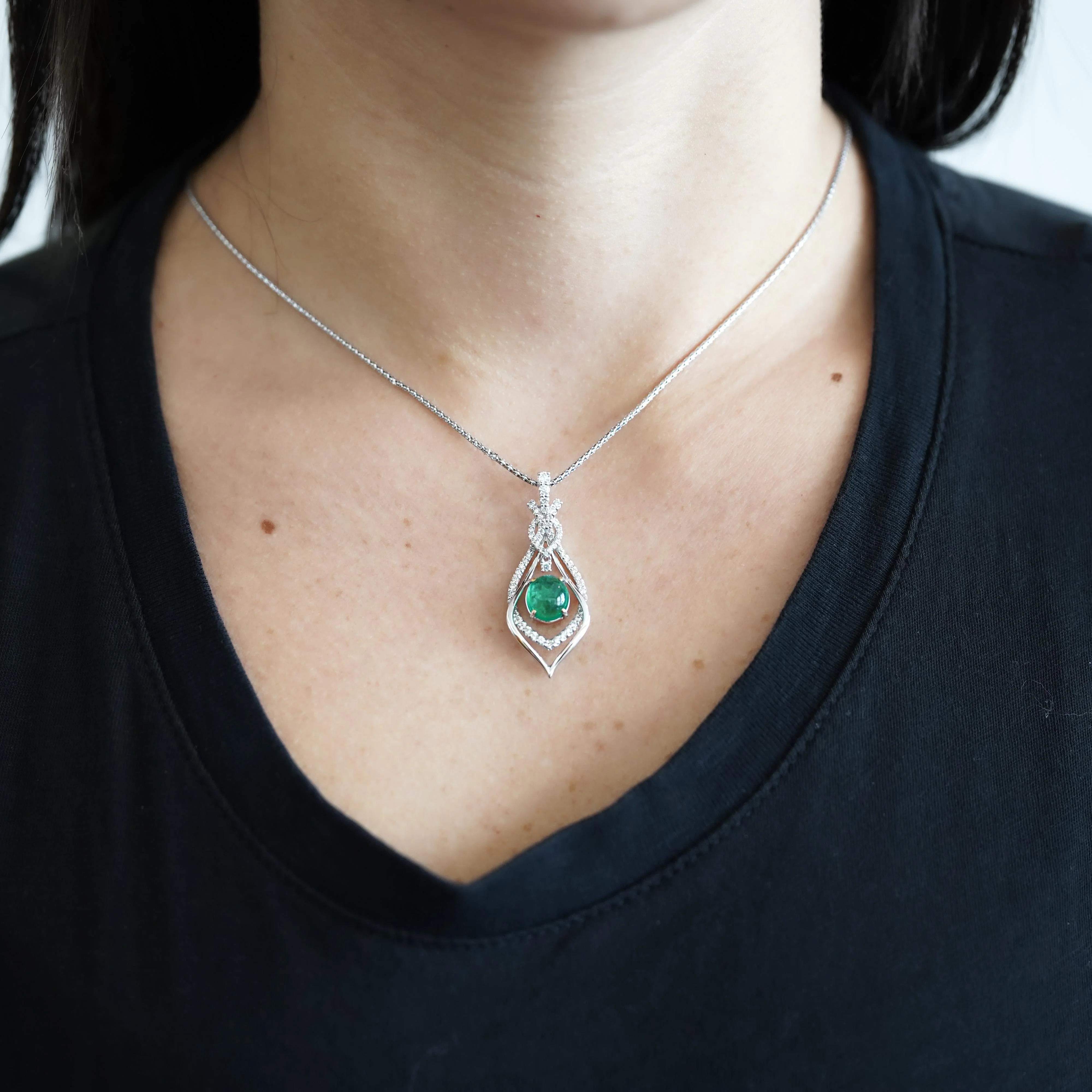 2.81 Carat Cabochon Emerald and Diamond Nouveau Pendant Necklace - Image 2