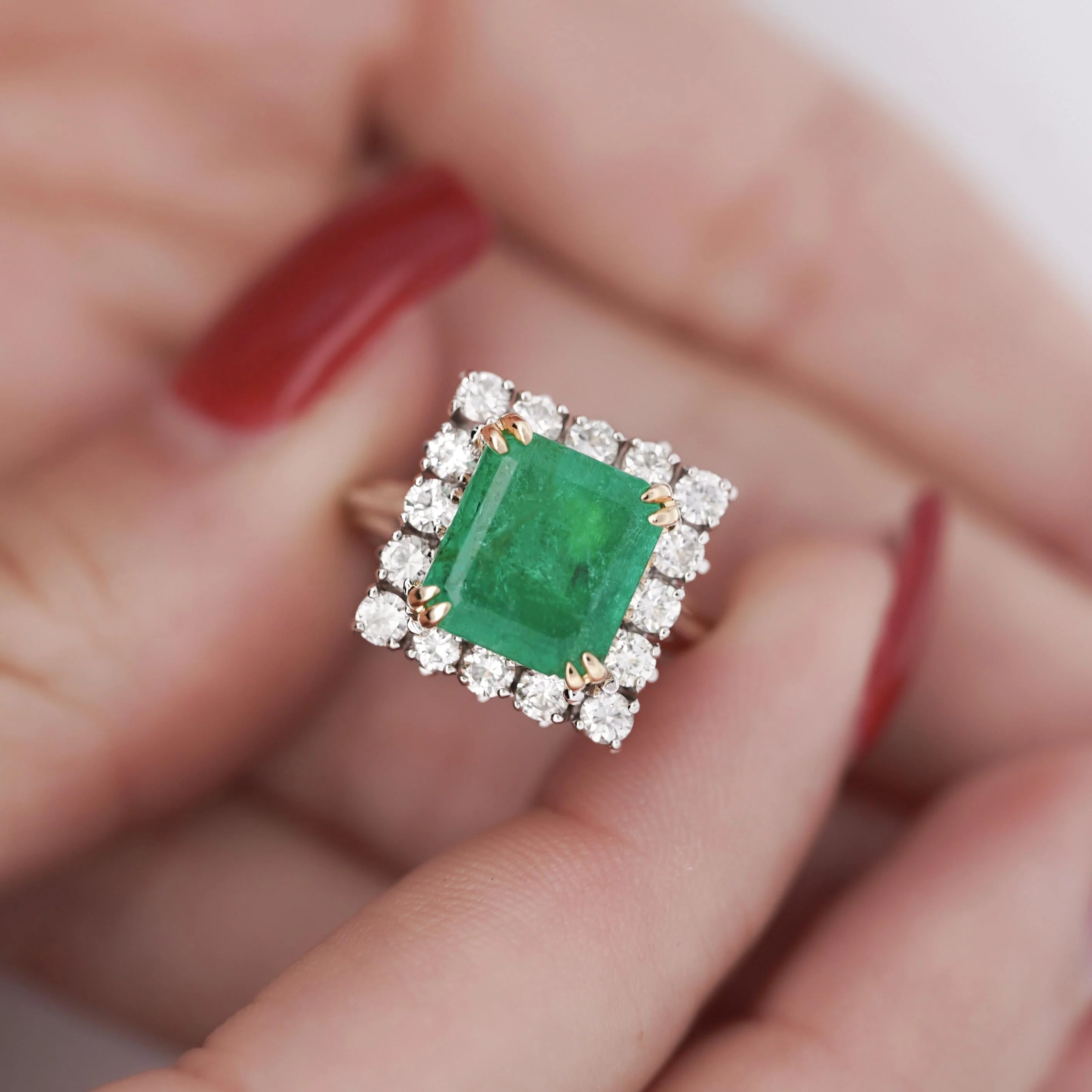 2.97 Carat Emerald Cut Emerald & Diamond Halo 18K White Gold Vintage-Style Ring - Image 2