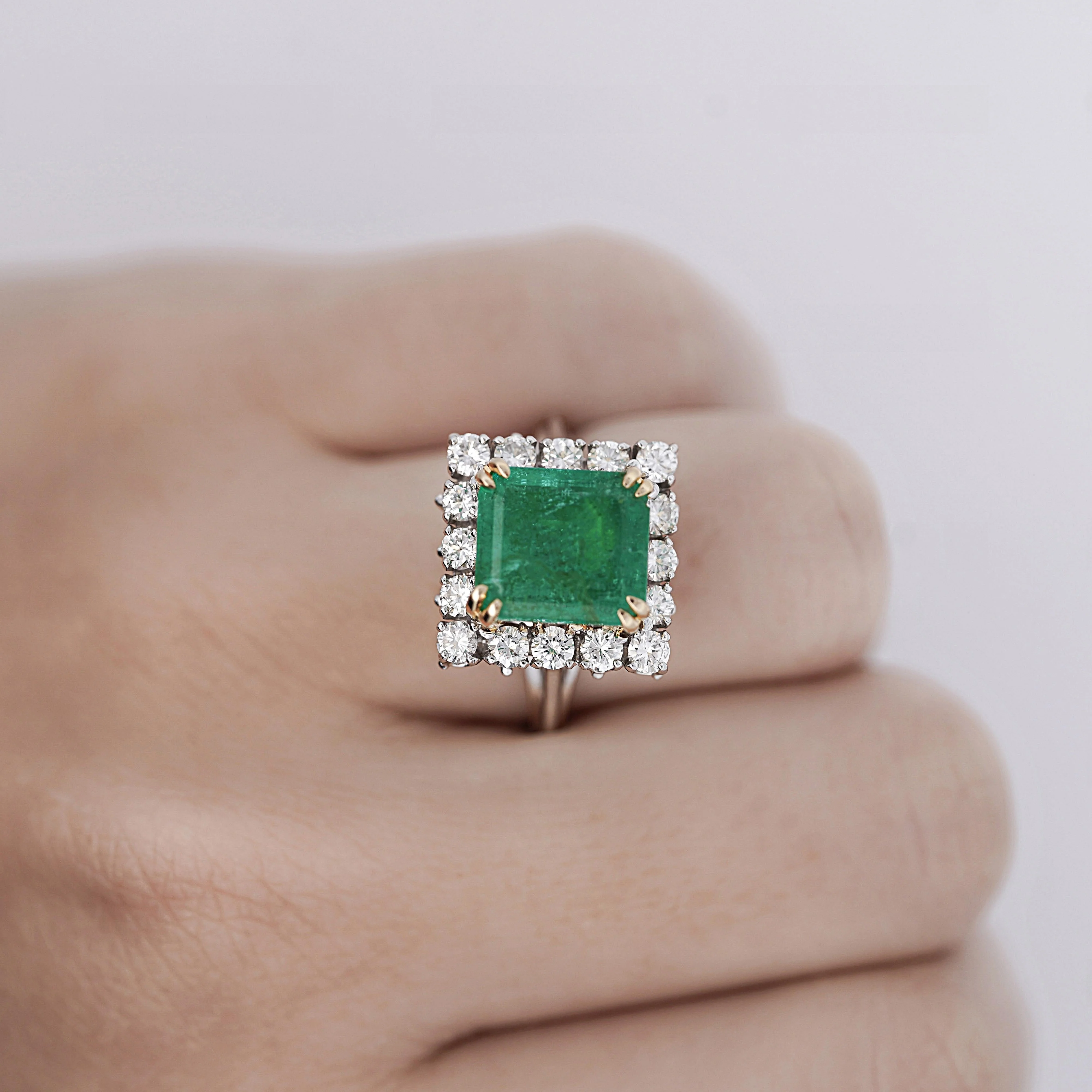 2.97 Carat Emerald Cut Emerald & Diamond Halo 18K White Gold Vintage-Style Ring - Image 6