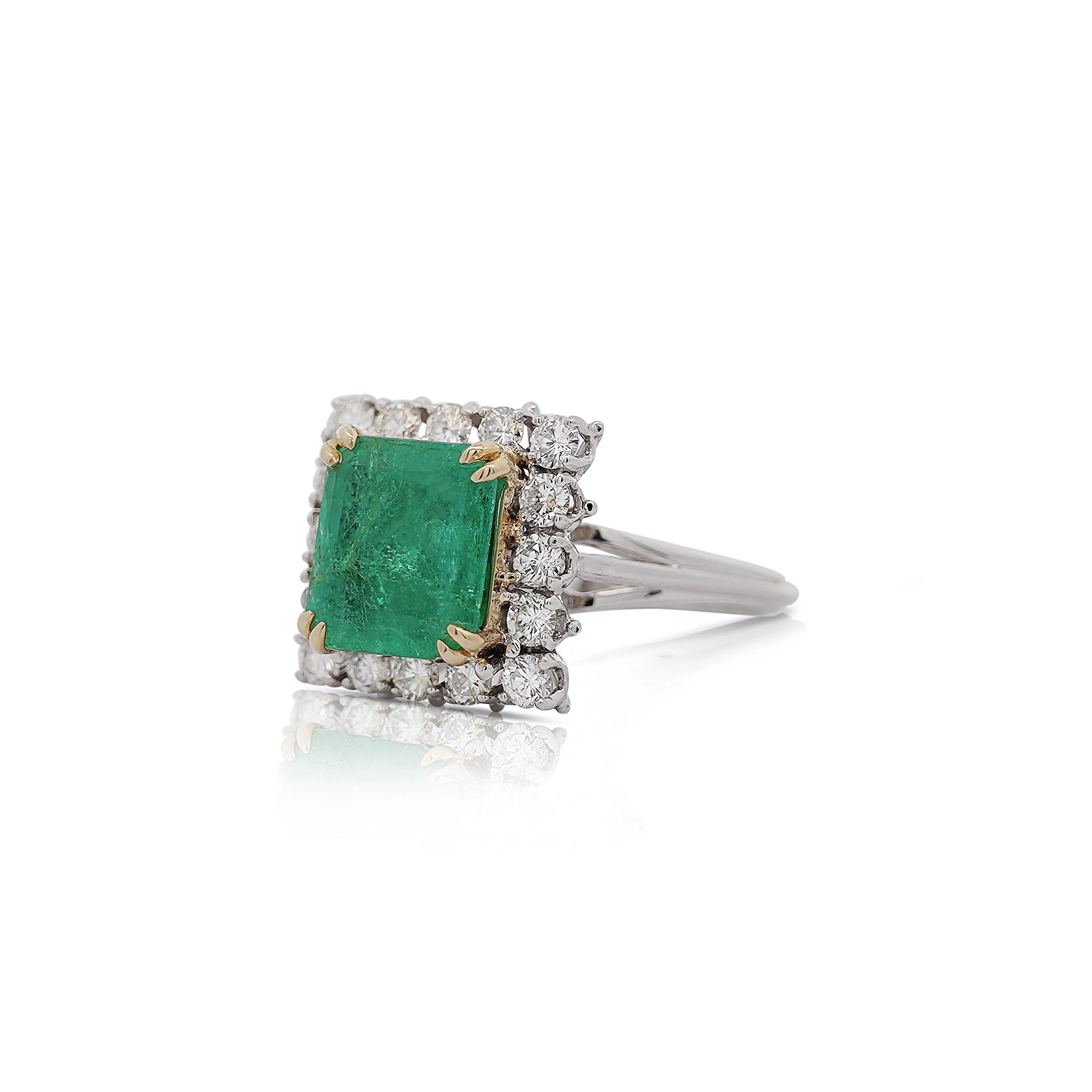 2.97 Carat Emerald Cut Emerald & Diamond Halo 18K White Gold Vintage-Style Ring - Image 8