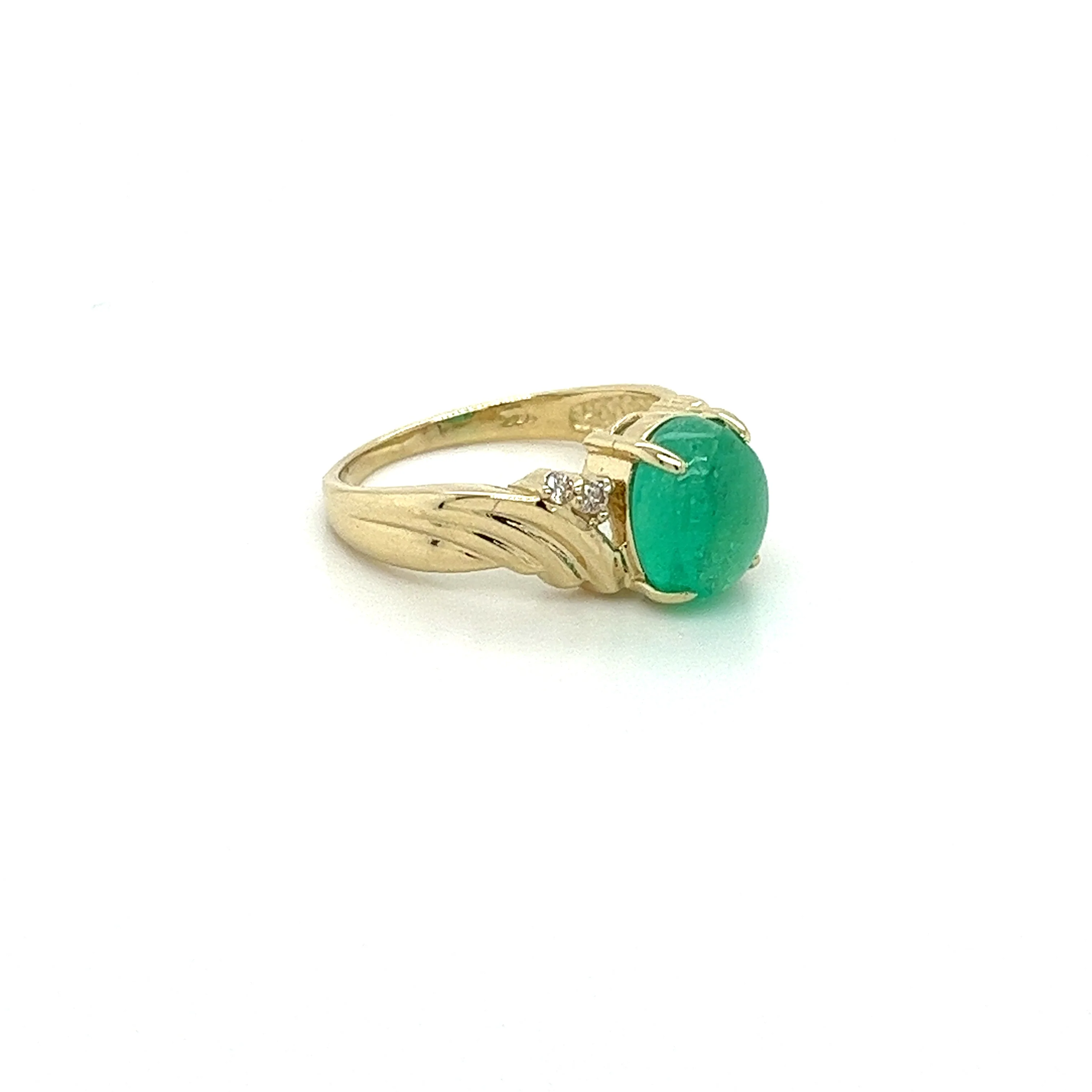 2 Carat Cabochon Cut Natural Emerald & Diamond in Textured 14K Yellow Gold Ring - Image 3