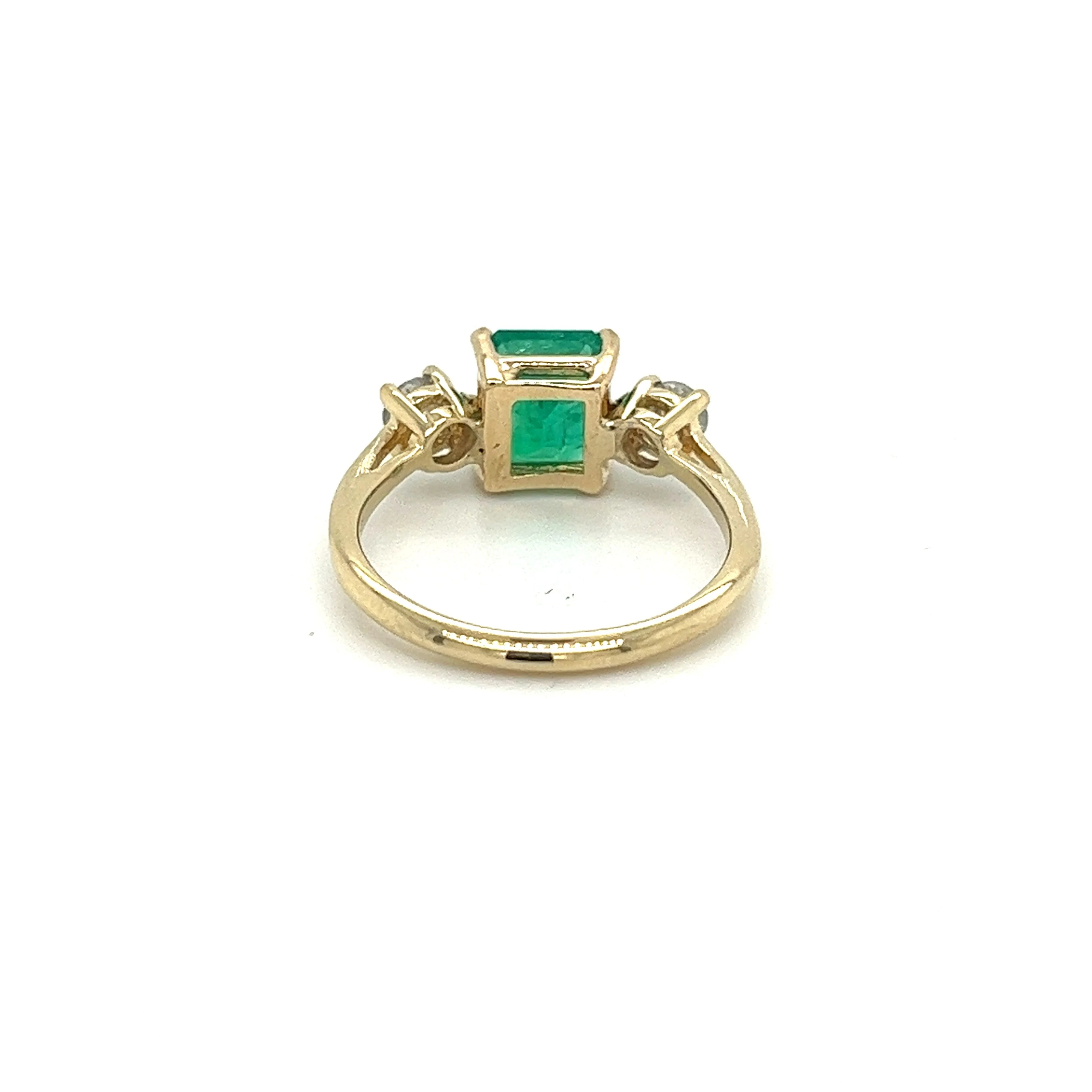 Natural 2.05 Carat Colombian Emerald and Diamond Three-Stone Thin Band Ring in 14K Yellow Gold - Image 5