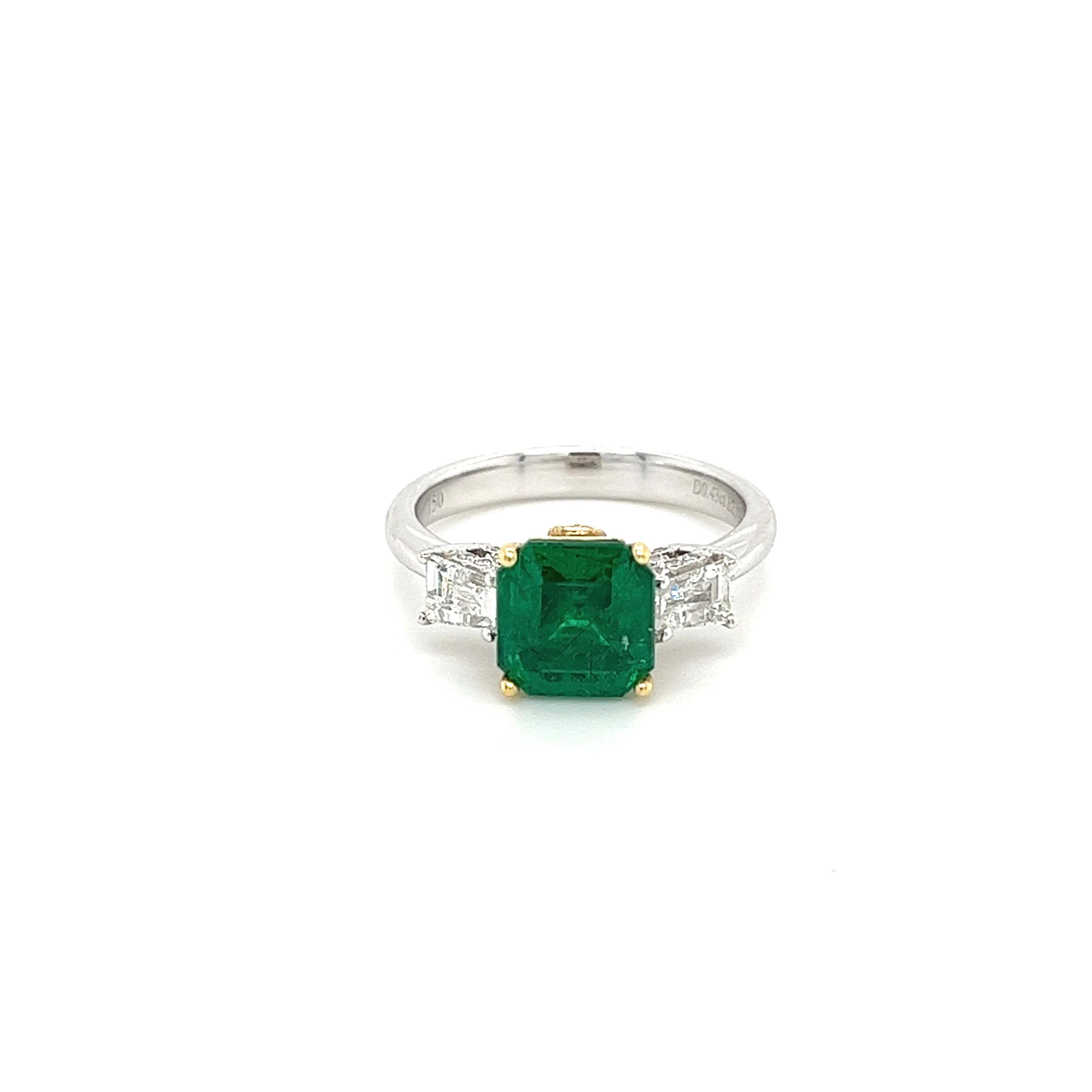 2.19 Carat Natural Emerald 3-Stone Ring with Baguette Diamond in 18K White Gold - Image 2