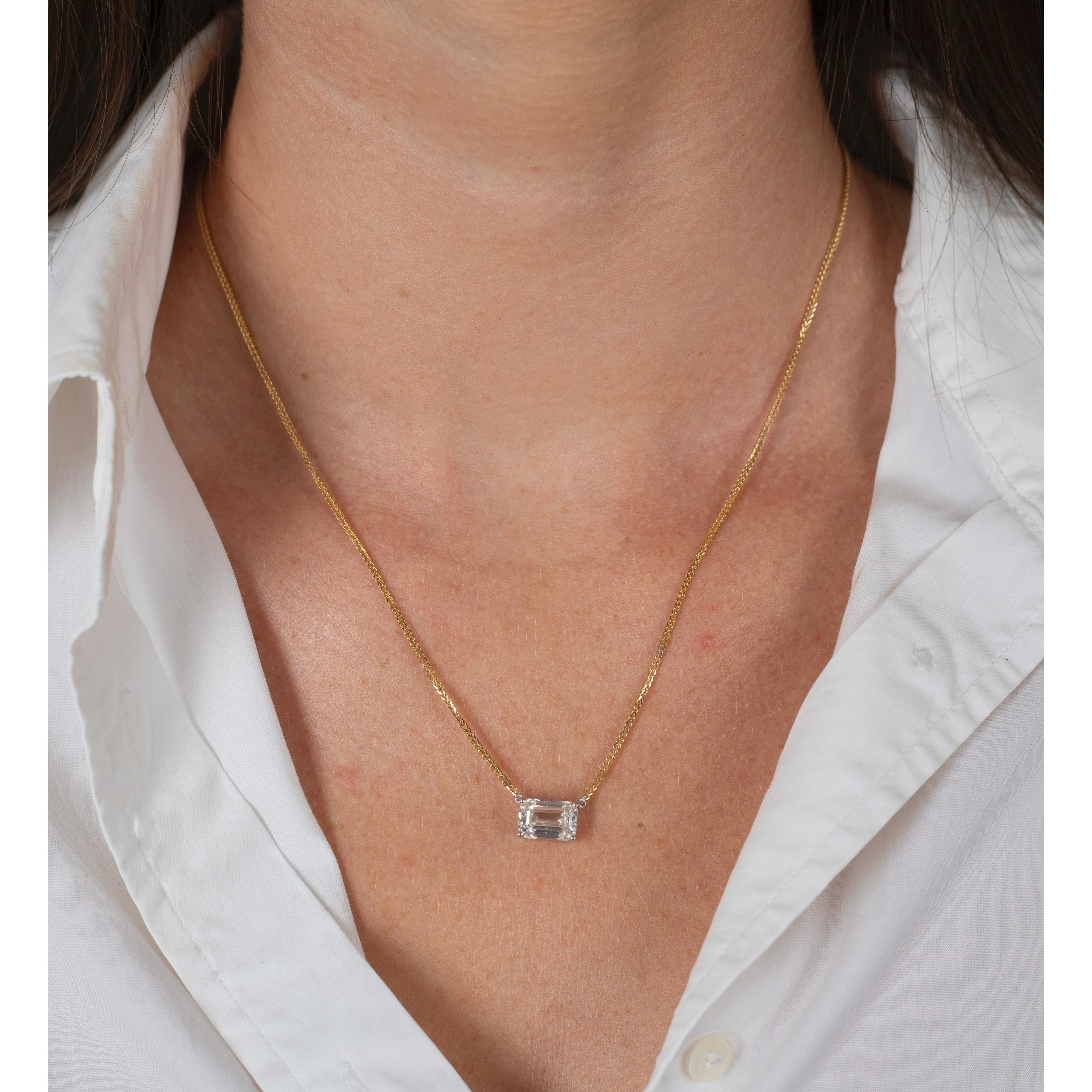 2 Carat Emerald Cut Lab Grown Diamond Connected Floating Necklace in 18K Yellow & White Gold 2-Tone Setting - Image 3