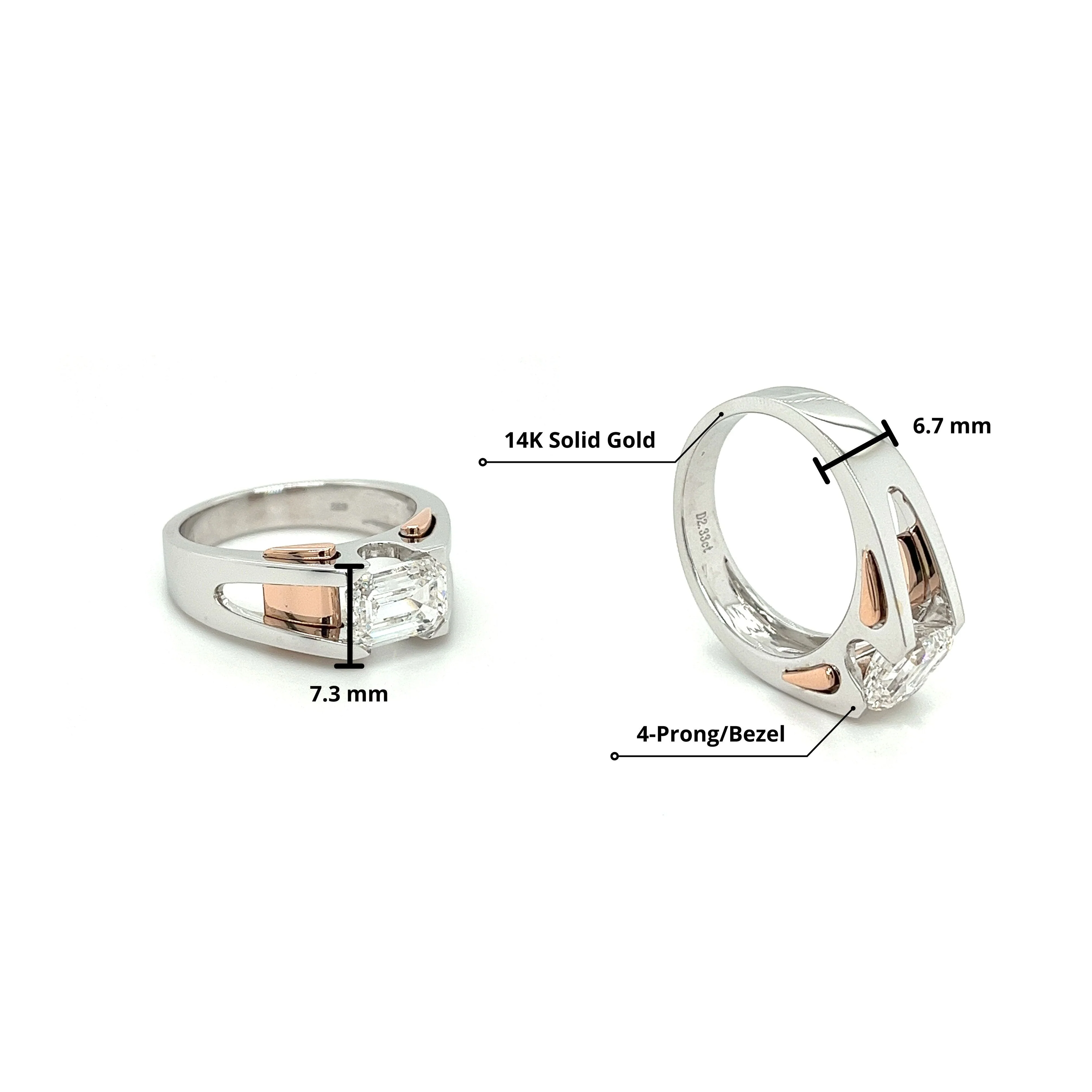 2.87 Carat Emerald Cut Lab Grown Diamond Mens Ring in 2-Tone Rose/White Gold - Image 4