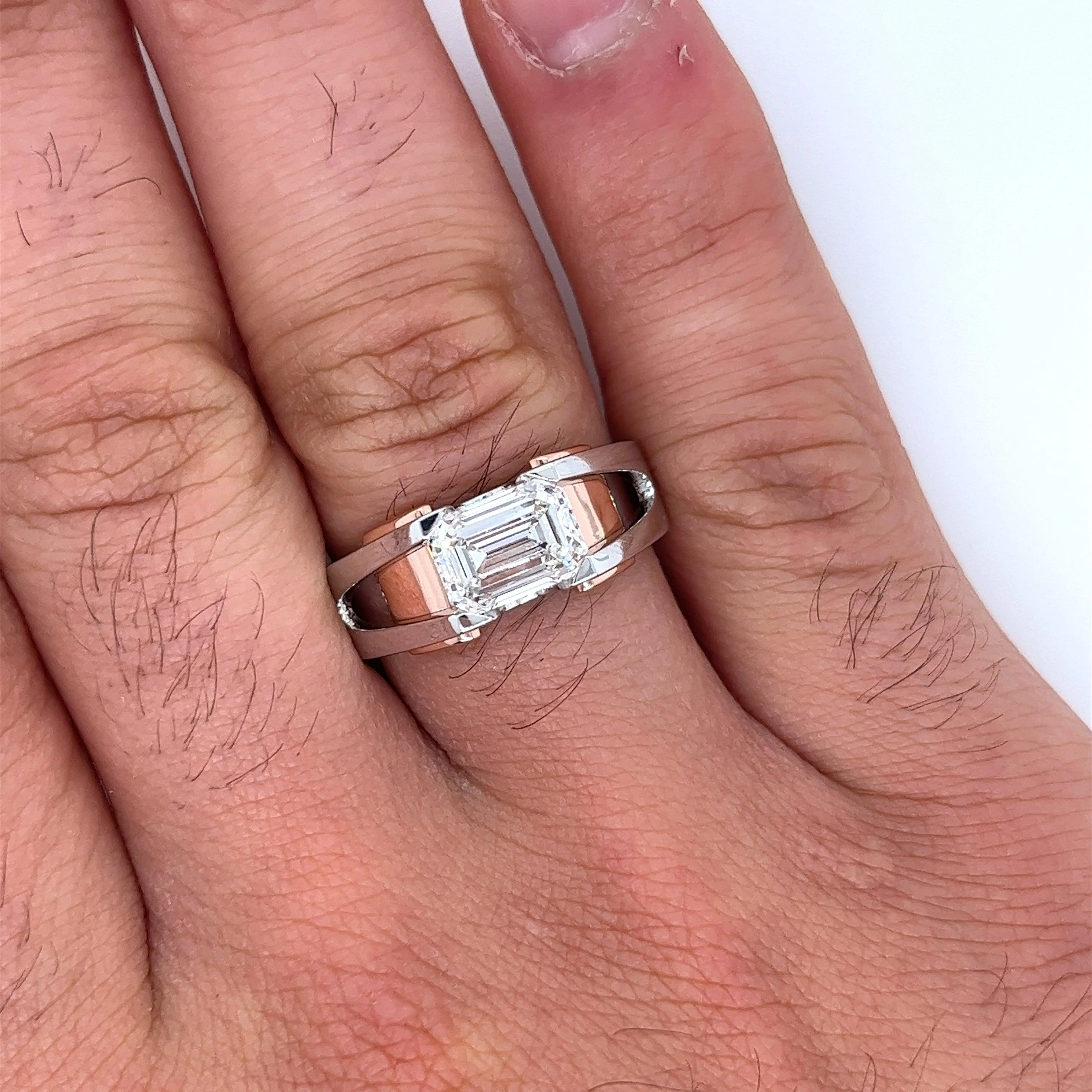 2.87 Carat Emerald Cut Lab Grown Diamond Mens Ring in 2-Tone Rose/White Gold - Image 6