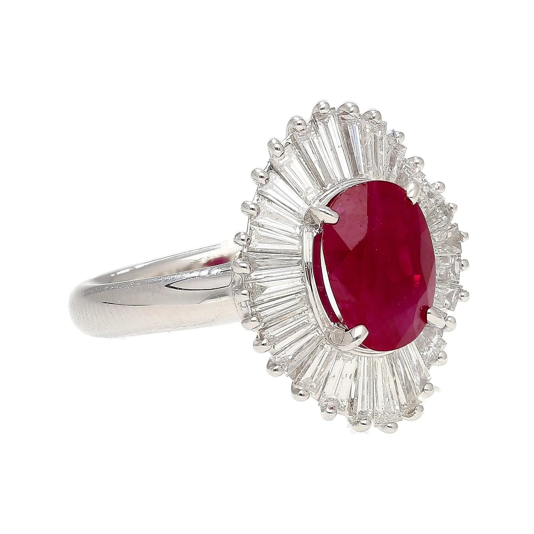 2.19 Carat Oval Cut Ruby and Baguette Diamond Halo Platinum Ballerina Ring - Image 2