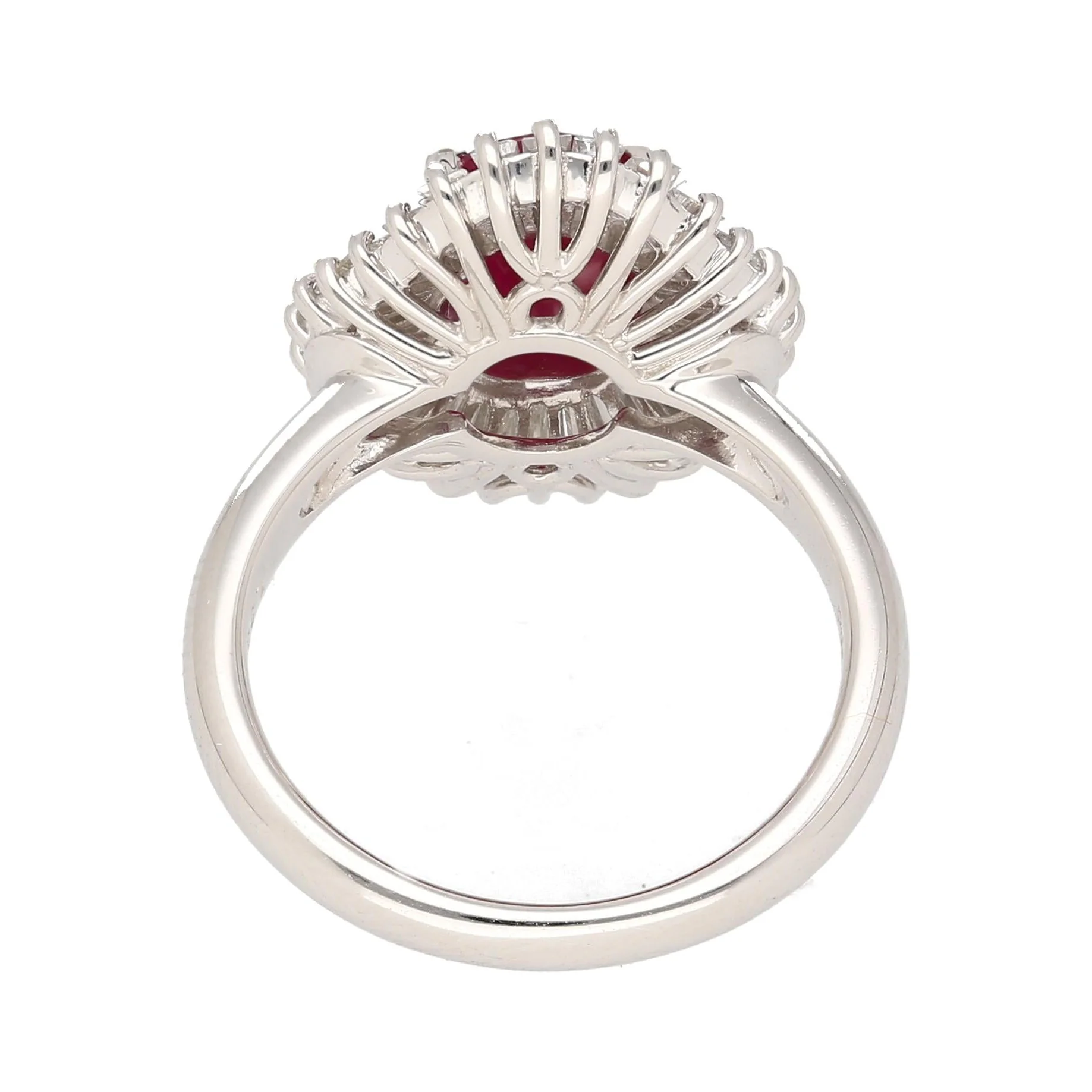 2.19 Carat Oval Cut Ruby and Baguette Diamond Halo Platinum Ballerina Ring - Image 6