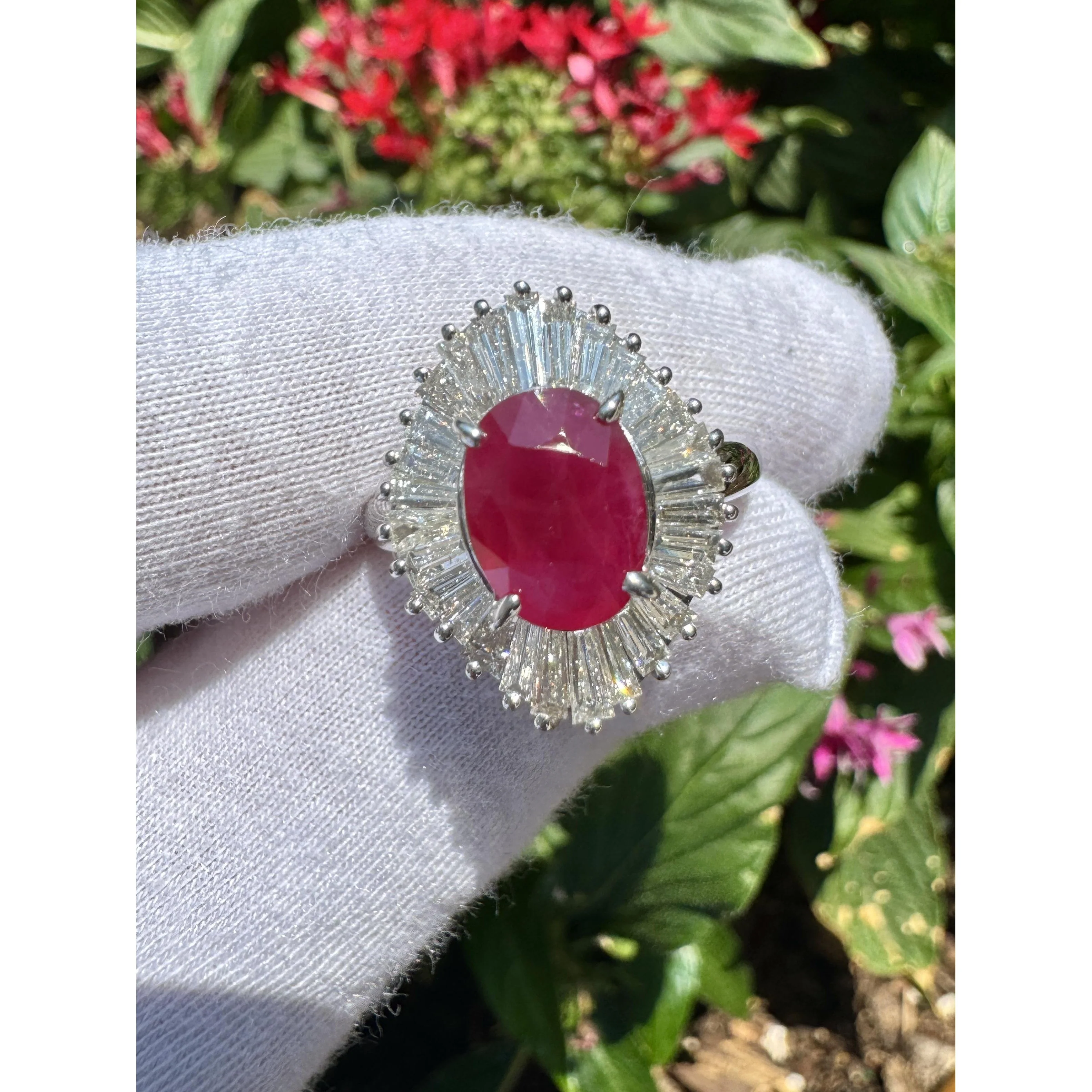 2.19 Carat Oval Cut Ruby and Baguette Diamond Halo Platinum Ballerina Ring - Image 8