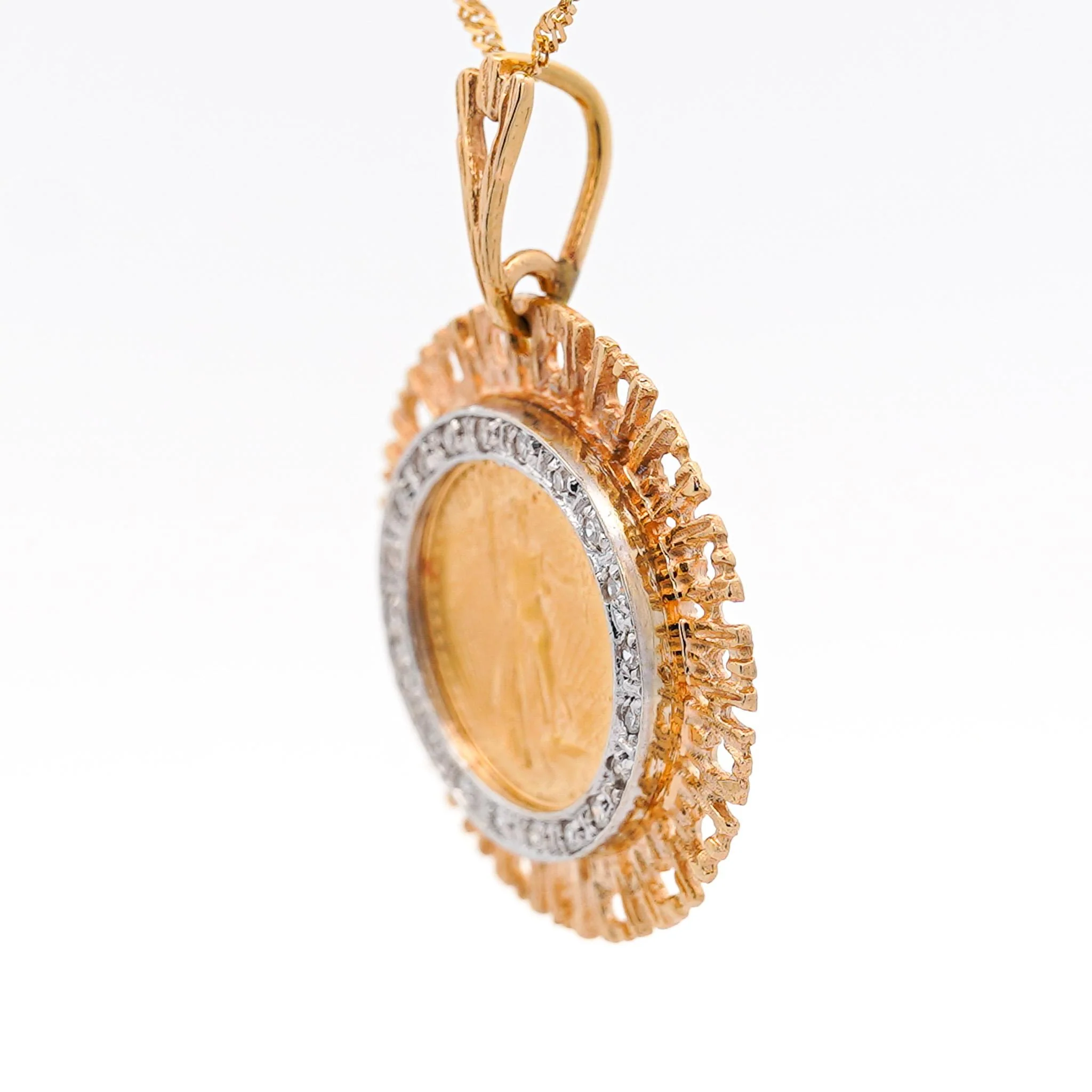 22k Gold 5 Dollar Lady liberty Coin in 14K Gold Frame Pendant Necklace - Image 2