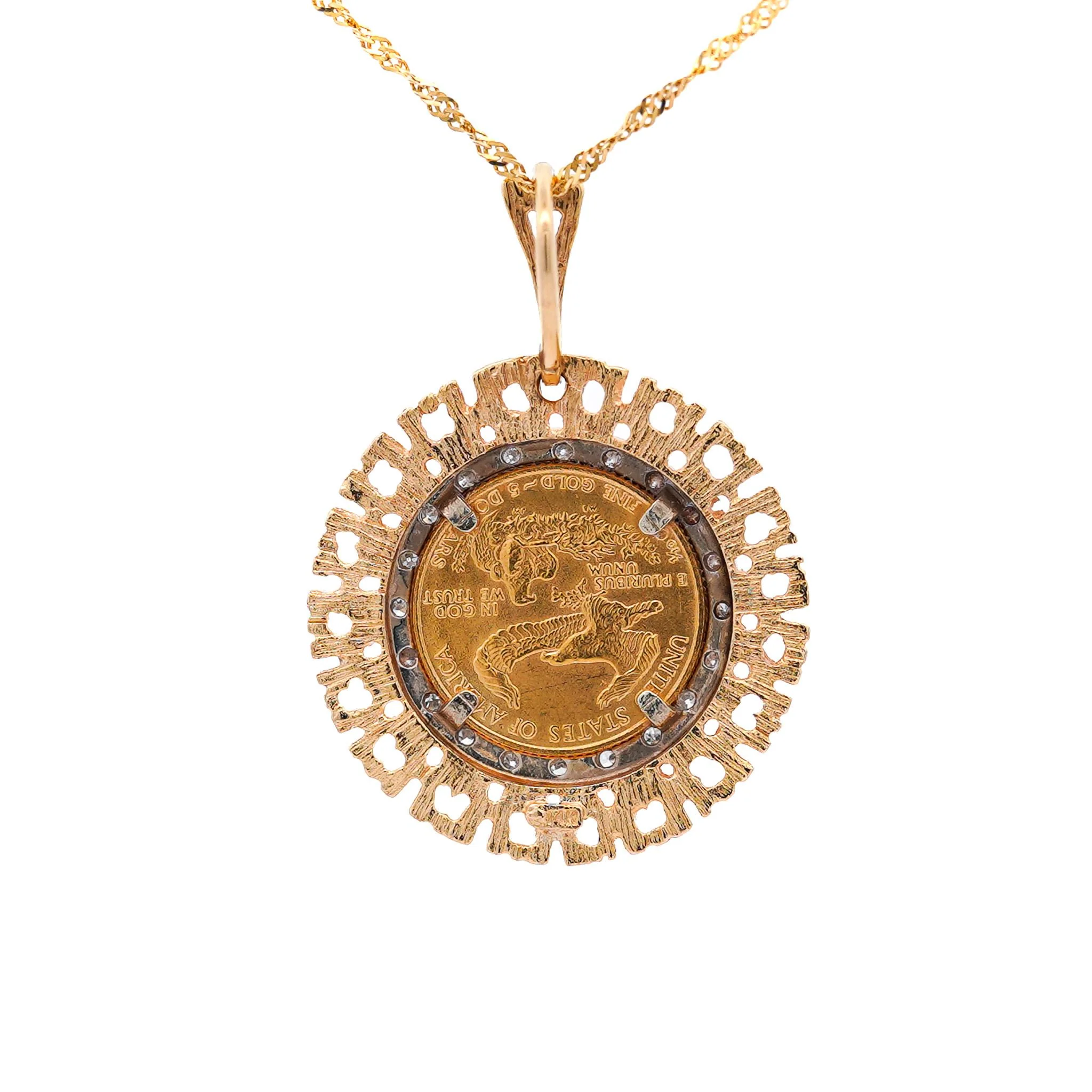 22k Gold 5 Dollar Lady liberty Coin in 14K Gold Frame Pendant Necklace - Image 3