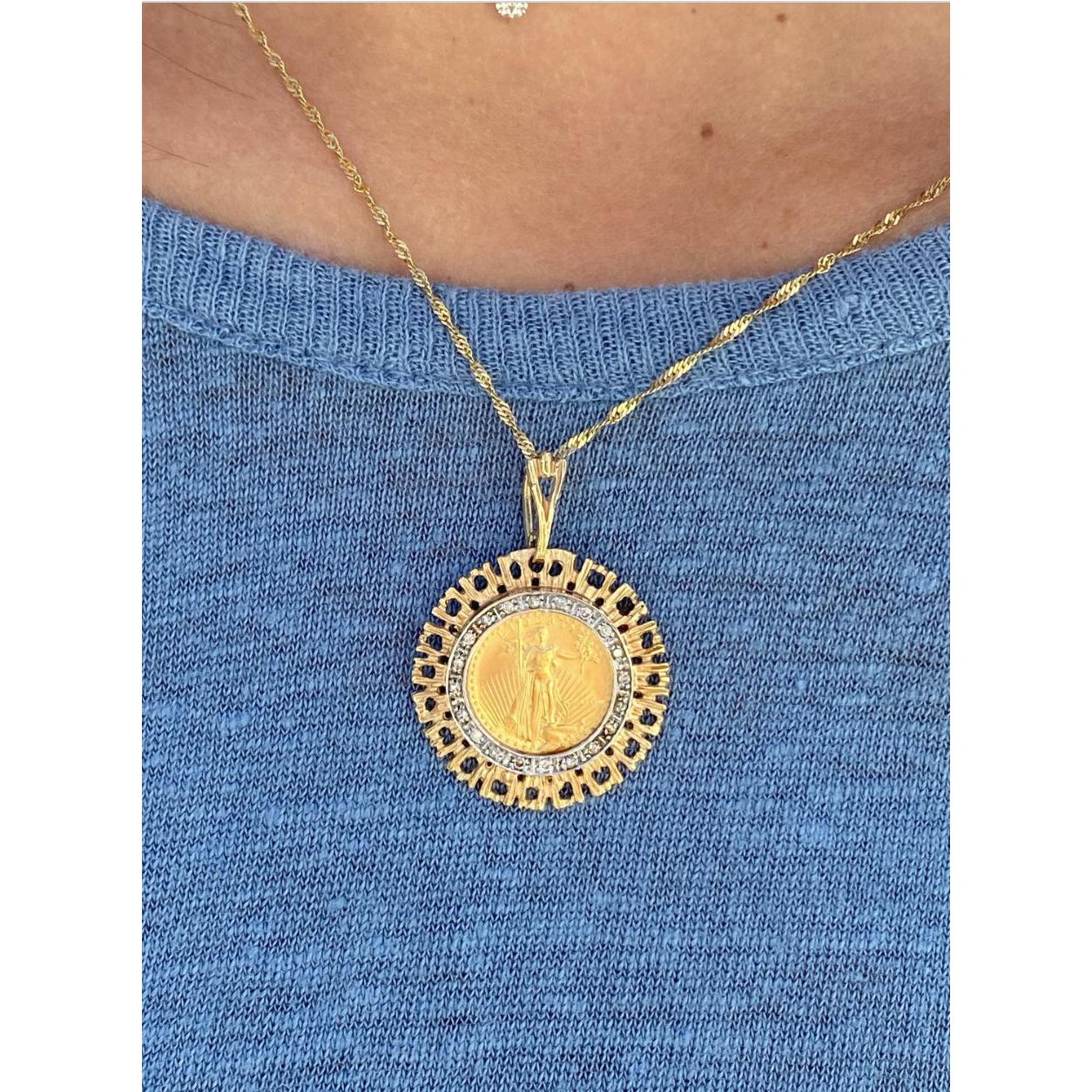 22k Gold 5 Dollar Lady liberty Coin in 14K Gold Frame Pendant Necklace - Image 4