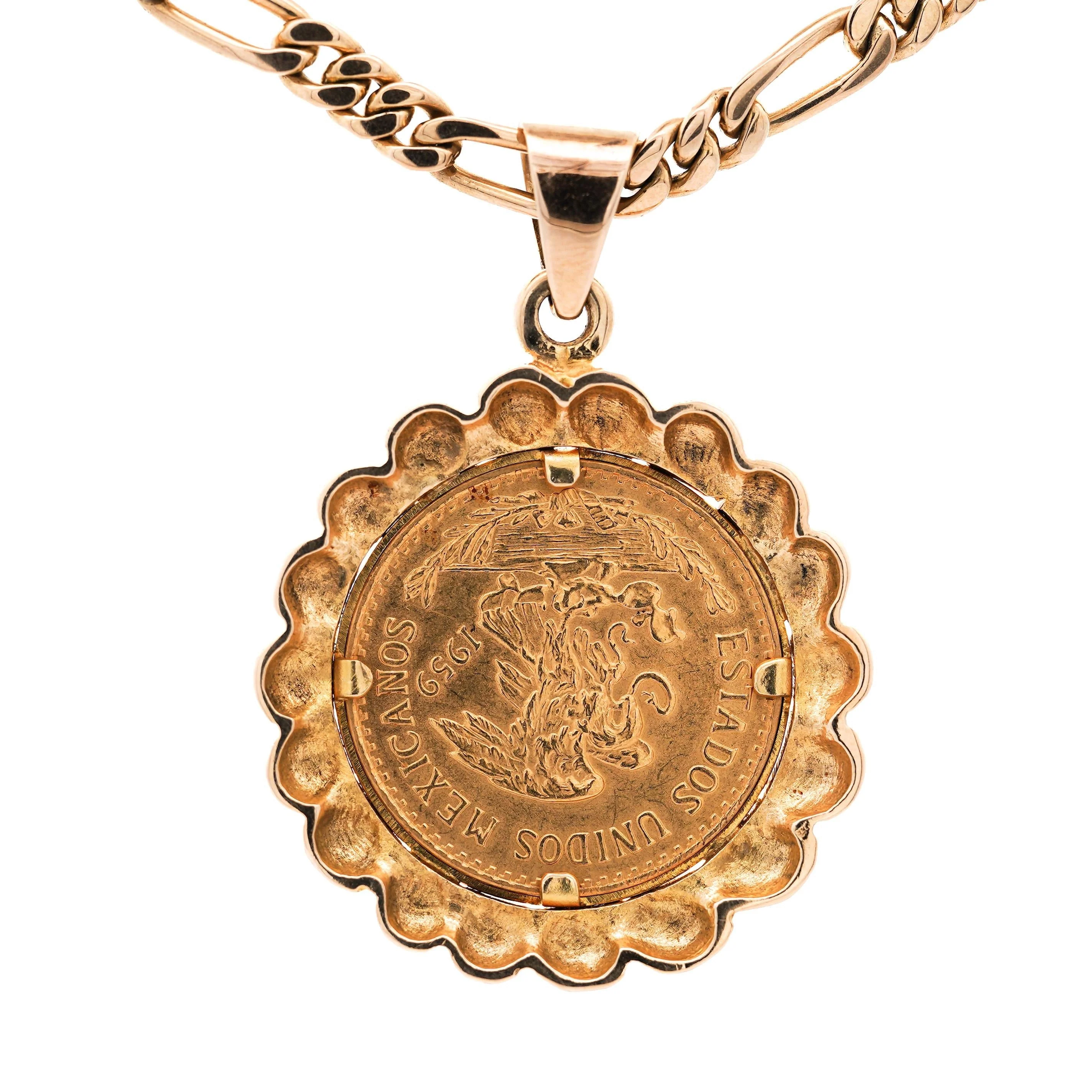 22K Gold Coin Mexican 20 Pesos 1959 Pendant in 14K Gold Figaro Chain Necklace - Image 2