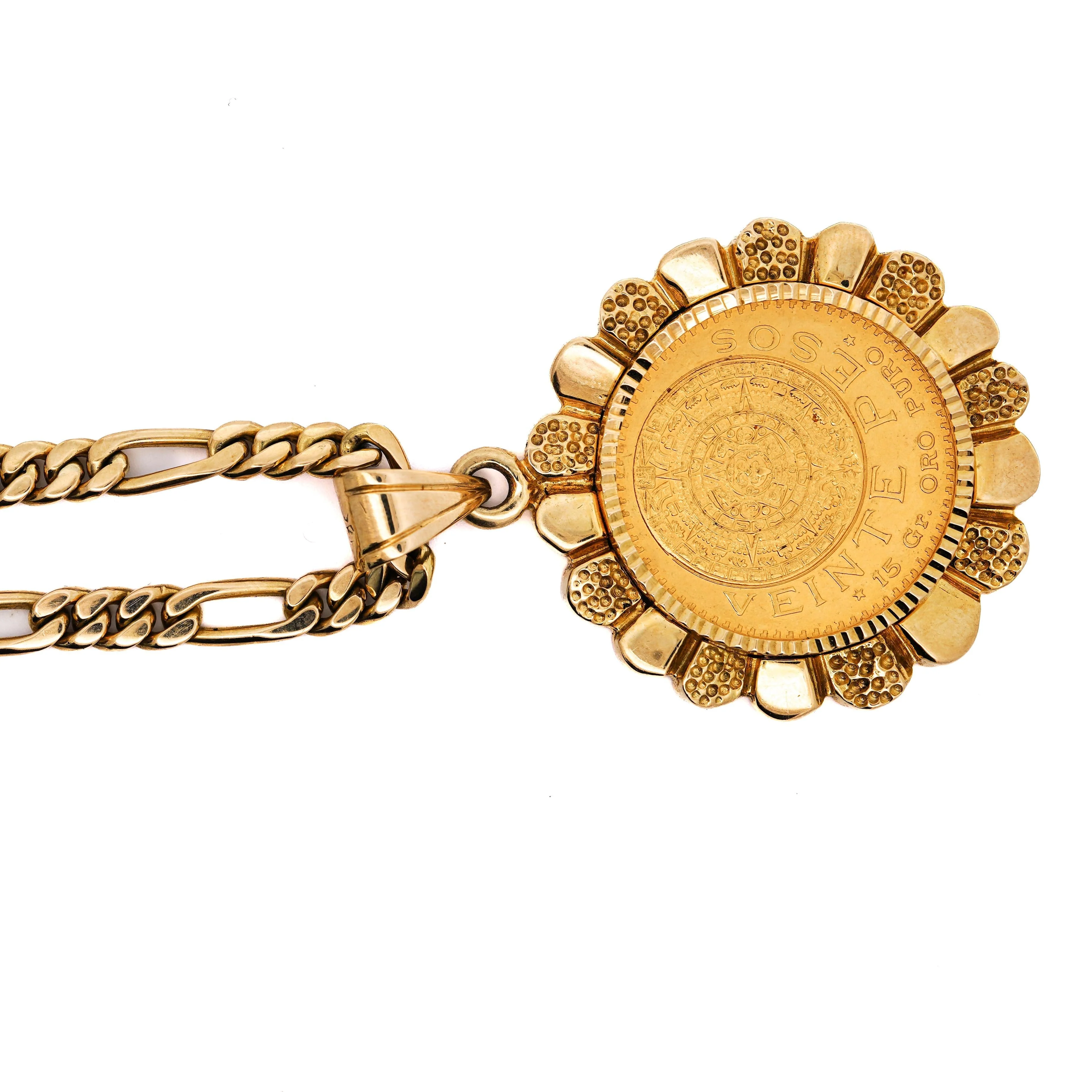 22K Gold Coin Mexican 20 Pesos 1959 Pendant in 14K Gold Figaro Chain Necklace - Image 7