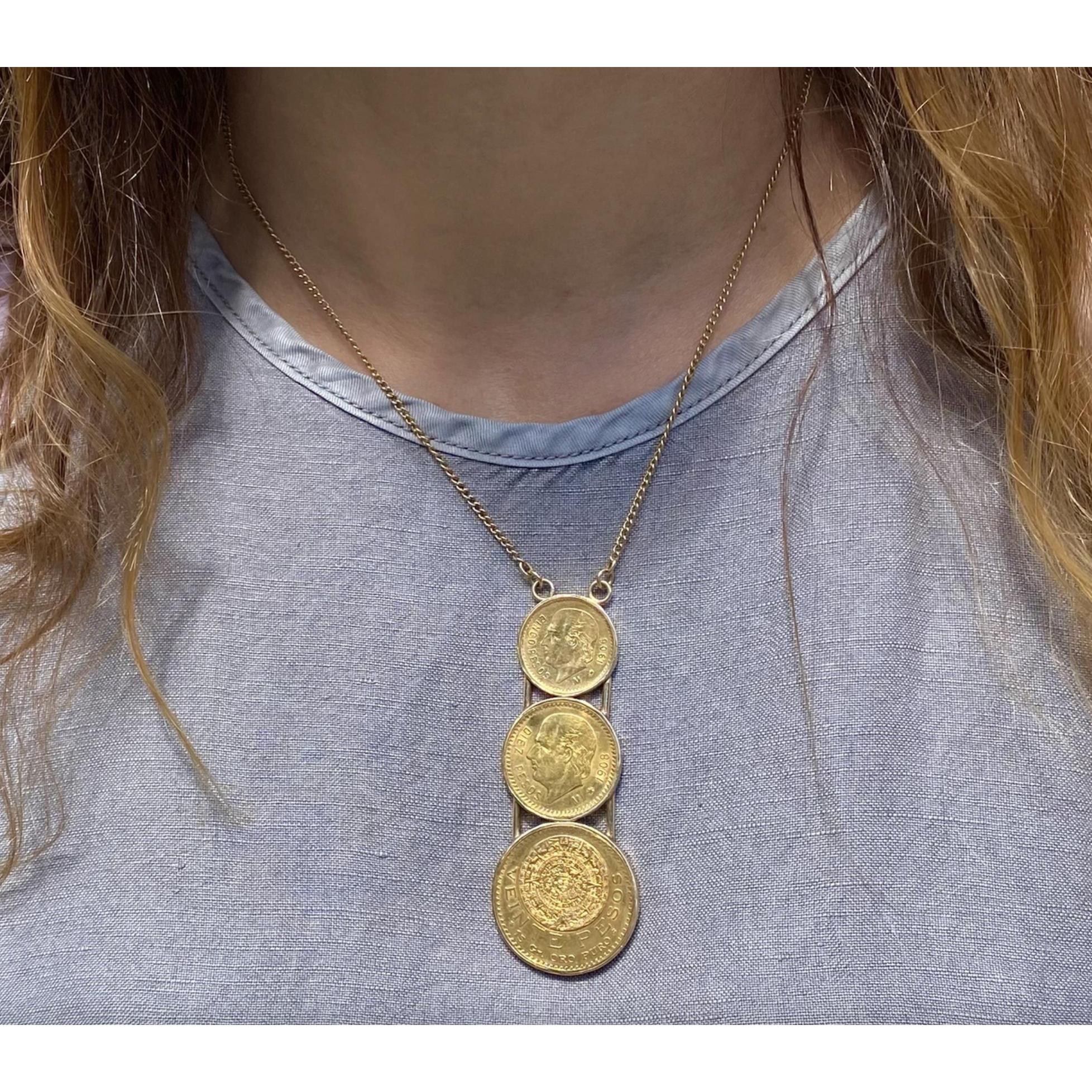 22k Gold USA Peso Coin Bezel Graduating Pendant Necklace - 20, 10, 5 Peso - Image 2
