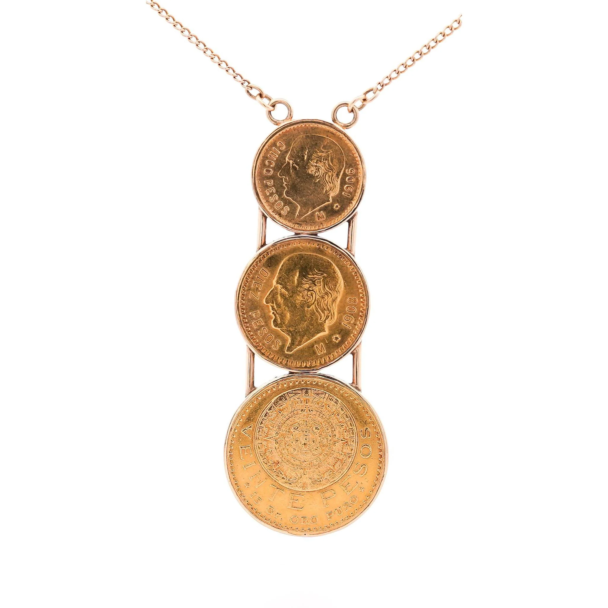 22k Gold USA Peso Coin Bezel Graduating Pendant Necklace - 20, 10, 5 Peso - Image 4