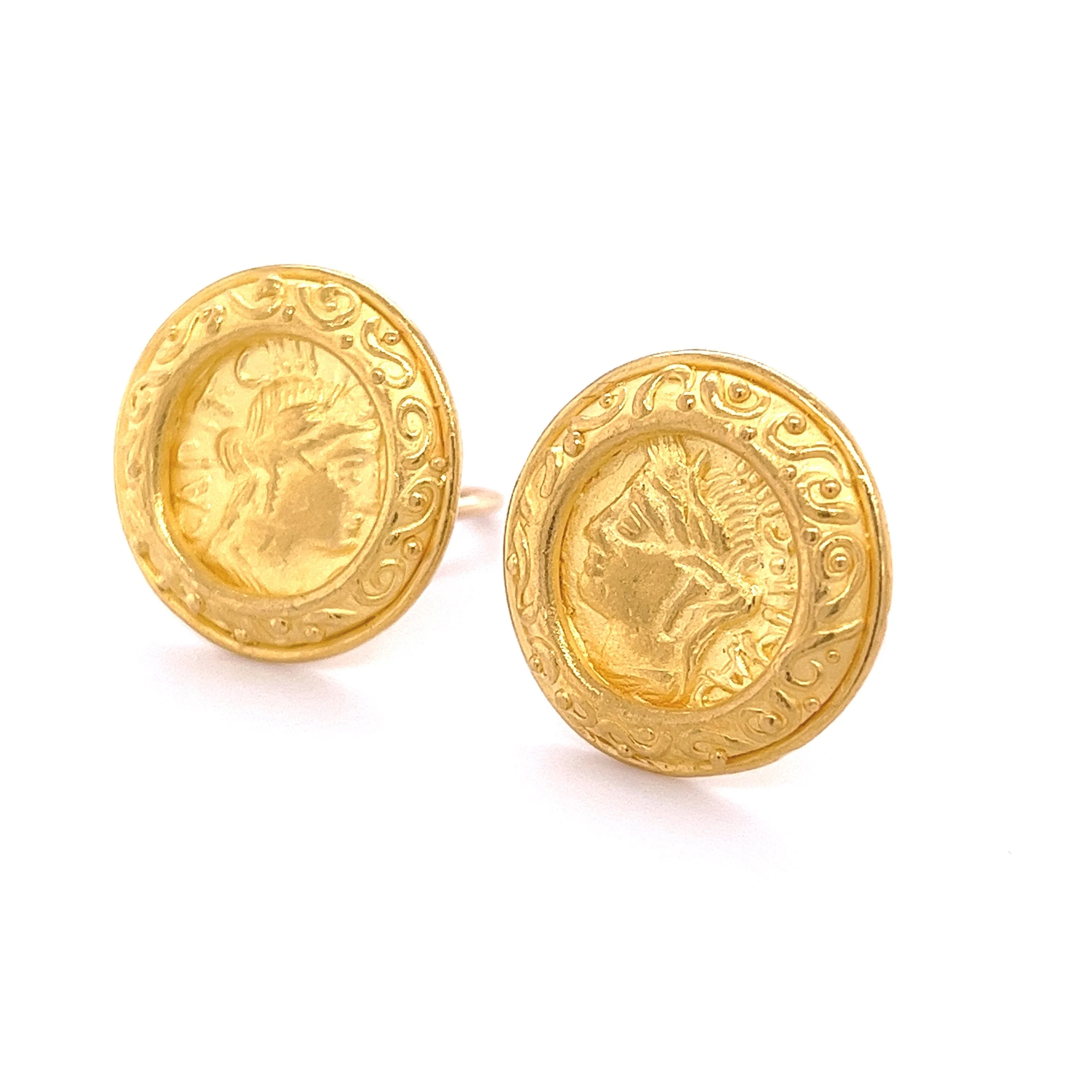 22k Gold Vintage Roman Coin Motif Round Earrings Signed Denise Roberge - Image 2