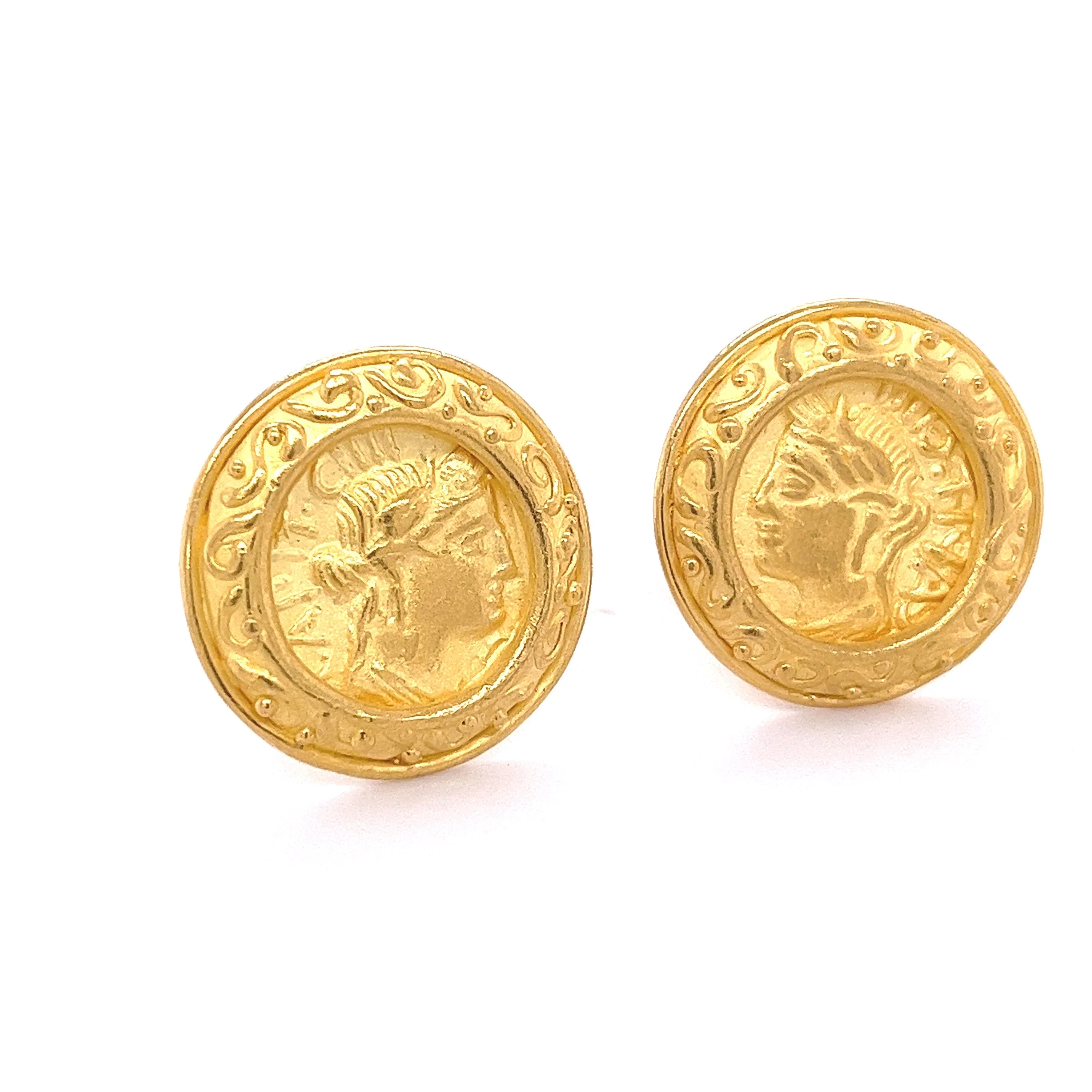 22k Gold Vintage Roman Coin Motif Round Earrings Signed Denise Roberge - Image 5